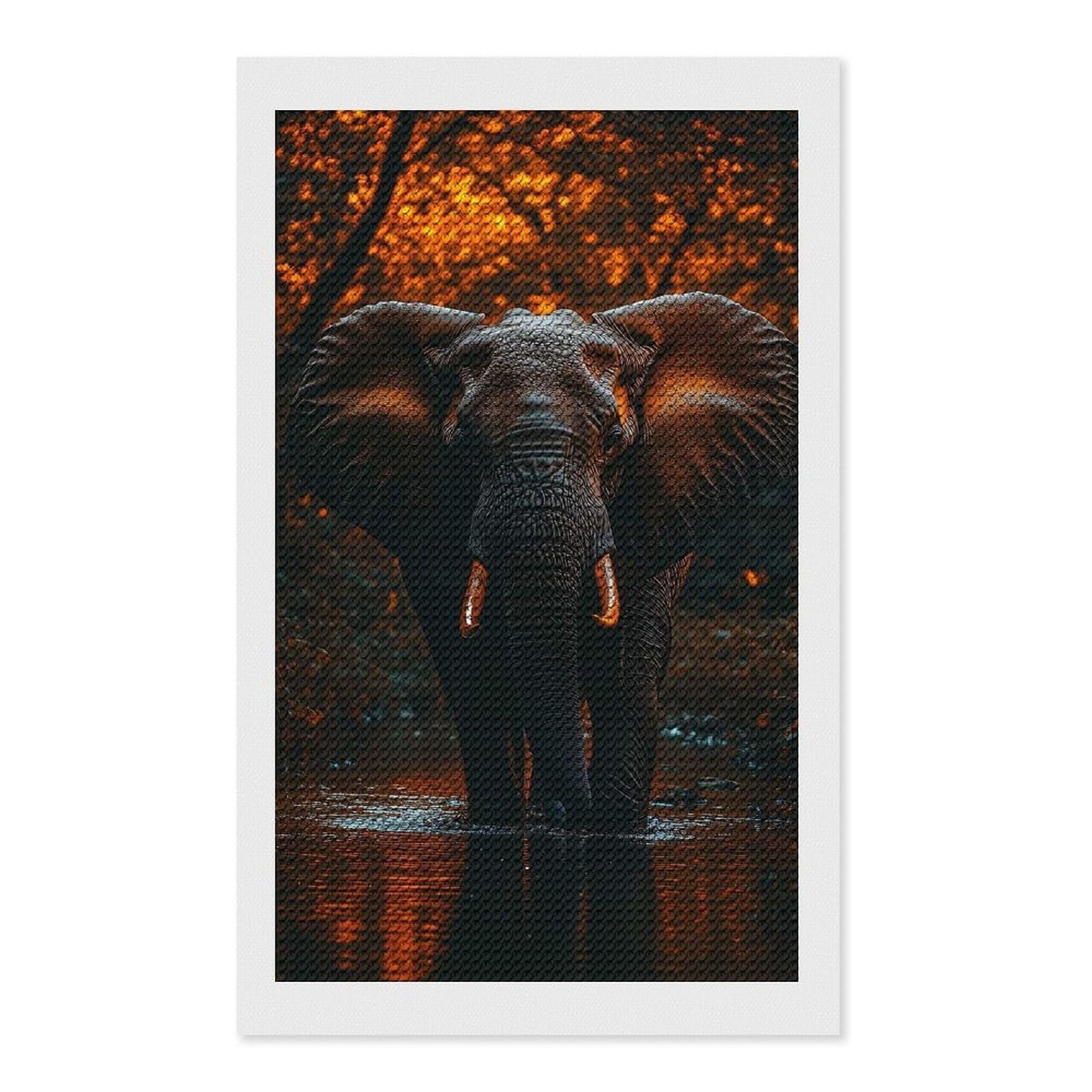 Junmoney Elephant Wading Through Water, Forest Background Diamond Painting Set 12"x20", Holiday Gift Idea, for Creative Relaxation, Fun Craft Experience, Vintage Style Decor