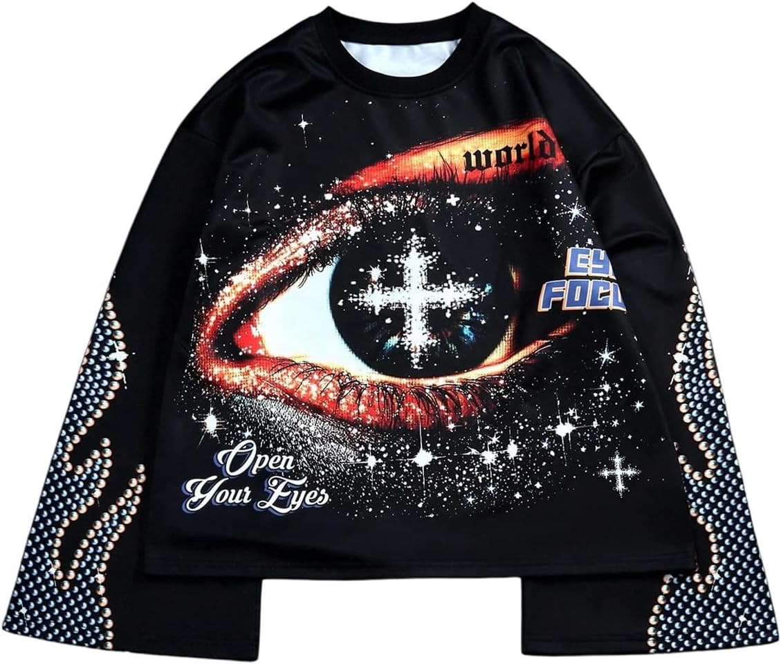Men's Graphic Tees Eye Print T Shirt Y2k Long Sleeve Oversized Fall Tee Tops Streetwear Halloween Outfits