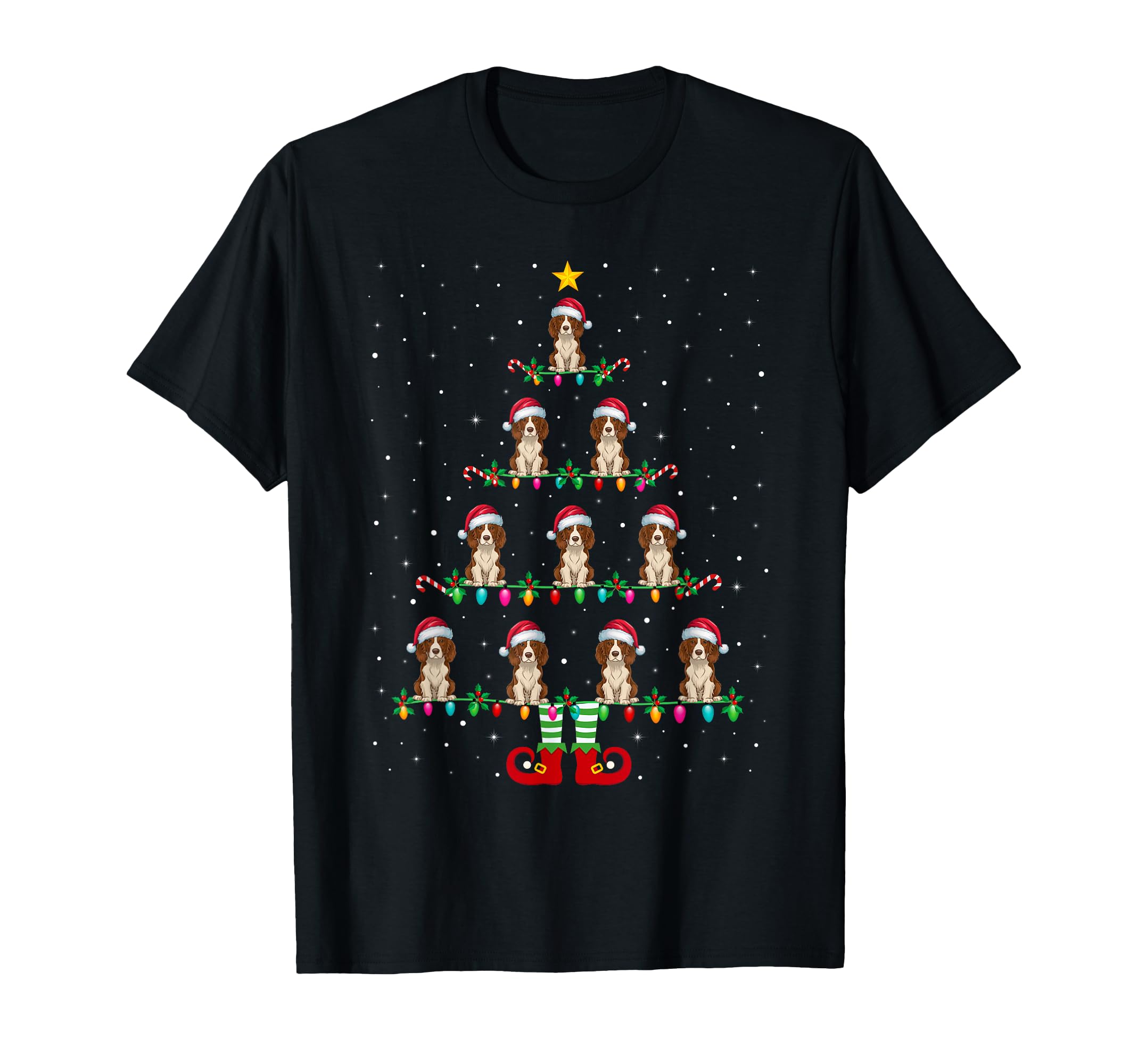 Christmas Tree Lights Santa Hat ELF Brittany Spaniel Dog Men Women Kids T-Shirt