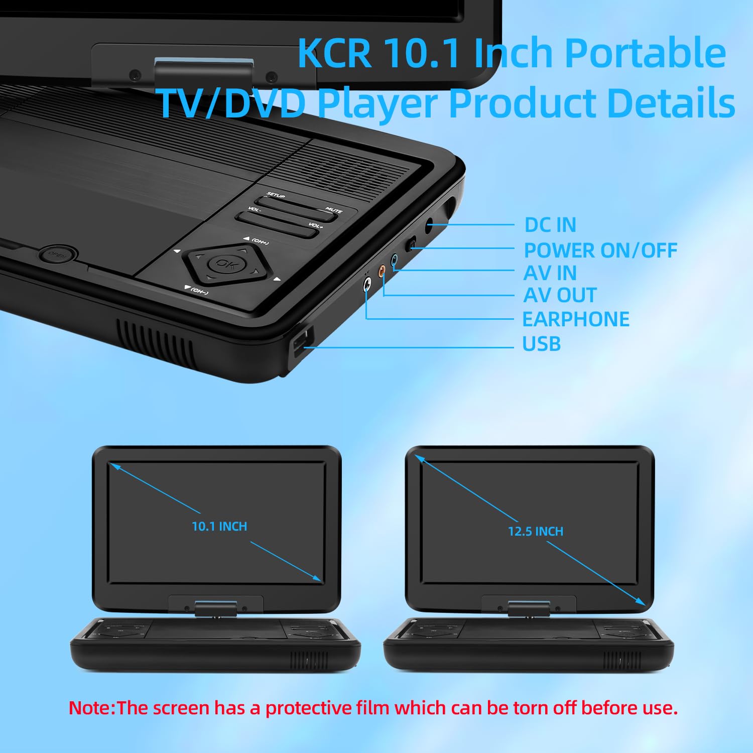 KCR Lecteur DVD Portable 10,1 Pouces TV Intégrée DVB-T2 Écran LED Pivotant USB HDMI AV Batterie Rechargeable
