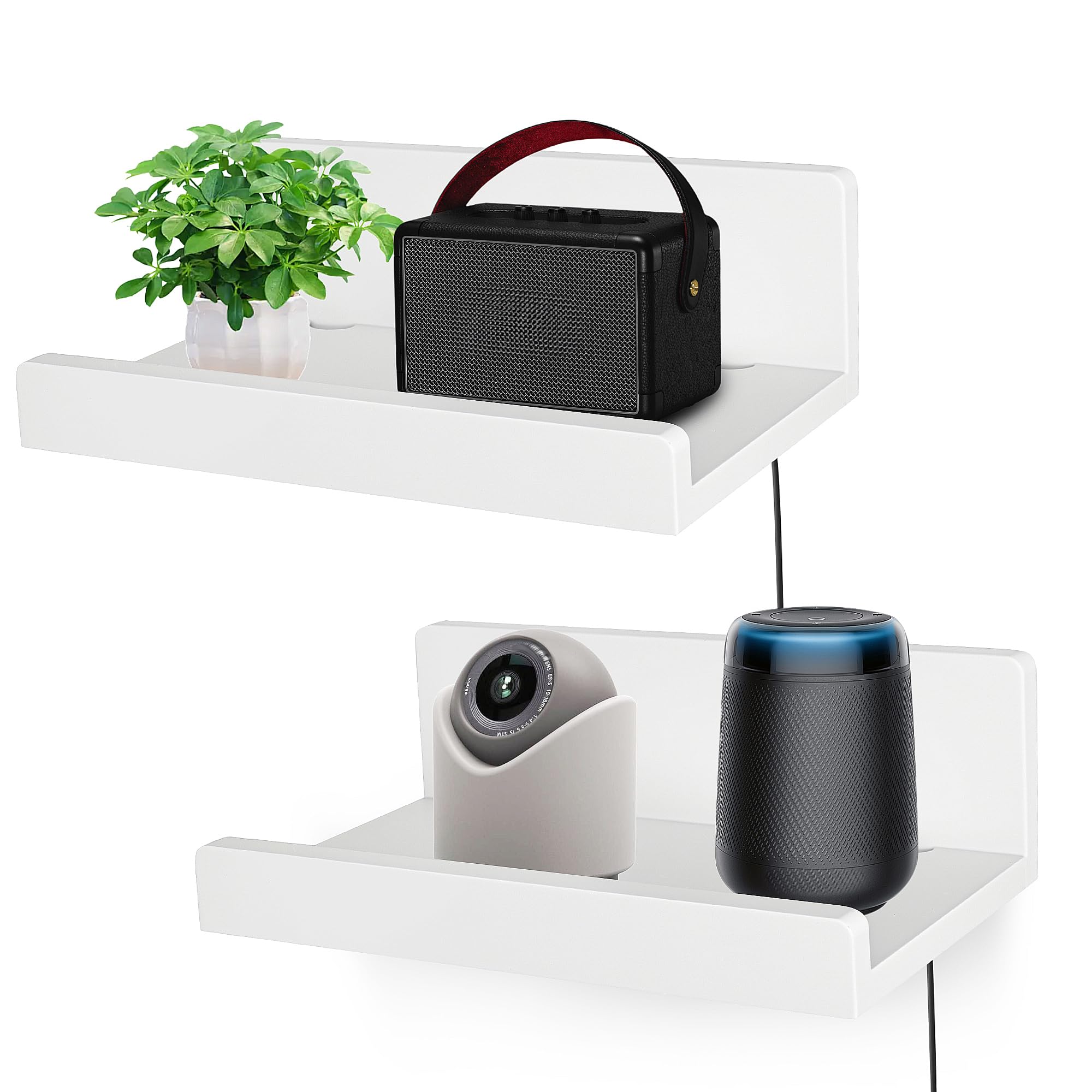 FURAOMEILI Floating Wall Shelves Set of 2, 12-Inch Solid Wood Shelves with Cable Holes, Small Display Shelf for Router, Webcam, Smart Speaker, Camera – White