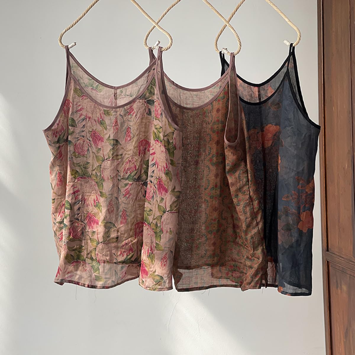 Damska koszulka Ramie Camisole Cami kwiatowy nadruk paski wsuwane topy koszulka bluzka tank shirt