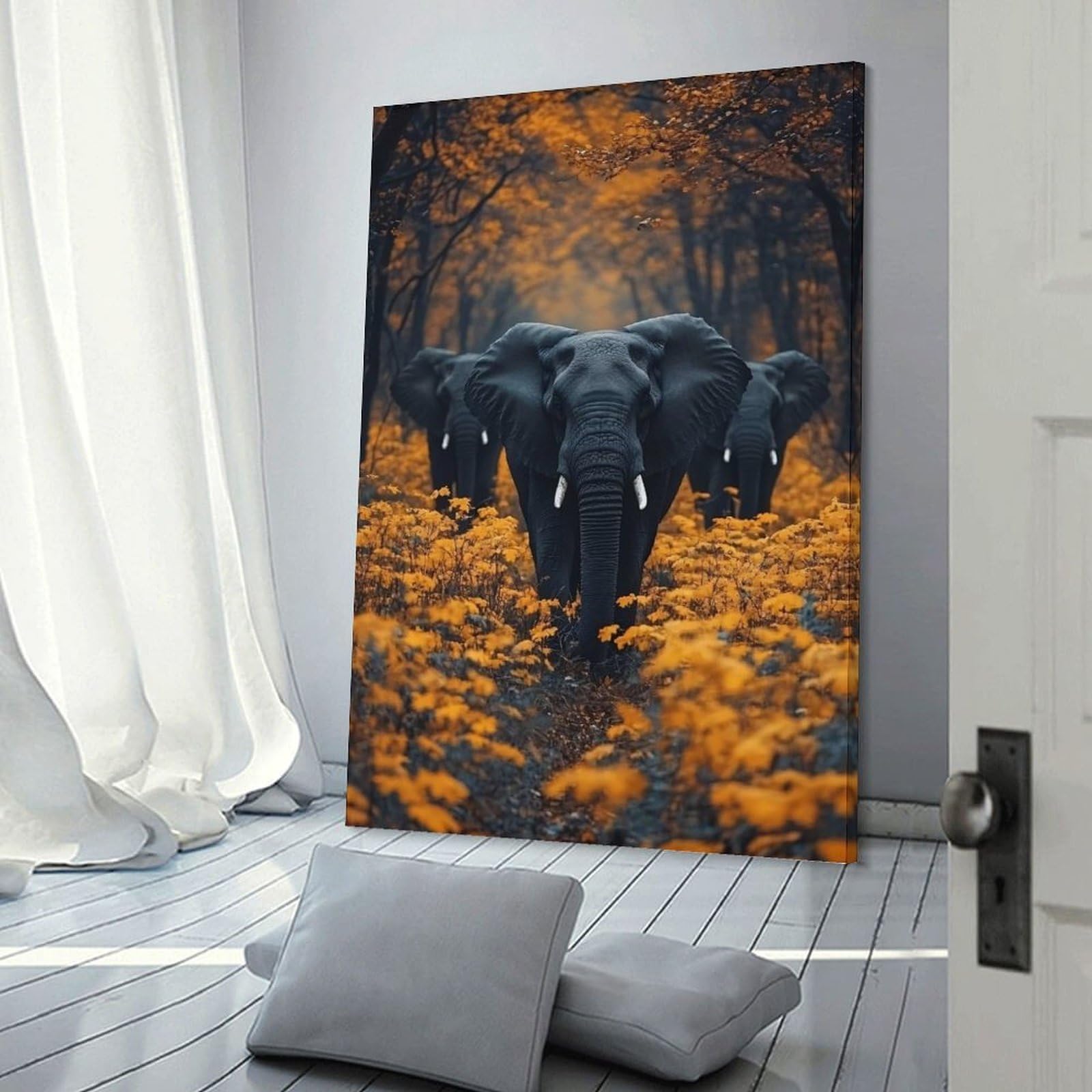 Junmoney Elephants in Autumnal Forest Wall Decor Canvas Print, 16x24inch(40x60cm), for Wall Displays, Bedrooms Or Room Updates, Wall Decor Suited to Curated Displays