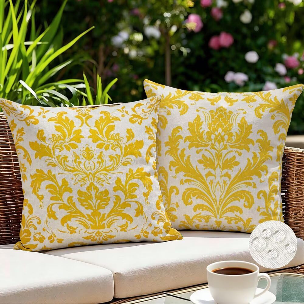 Federe Cuscini da Esterno Impermeabili 65x65 Oro Copri Cuscini per Divano Floreale Federa Cuscino Astratto Decorativi Copricuscini per Divano Giardino Patio Soggiorno Copricuscino Set di 2 (IU379)