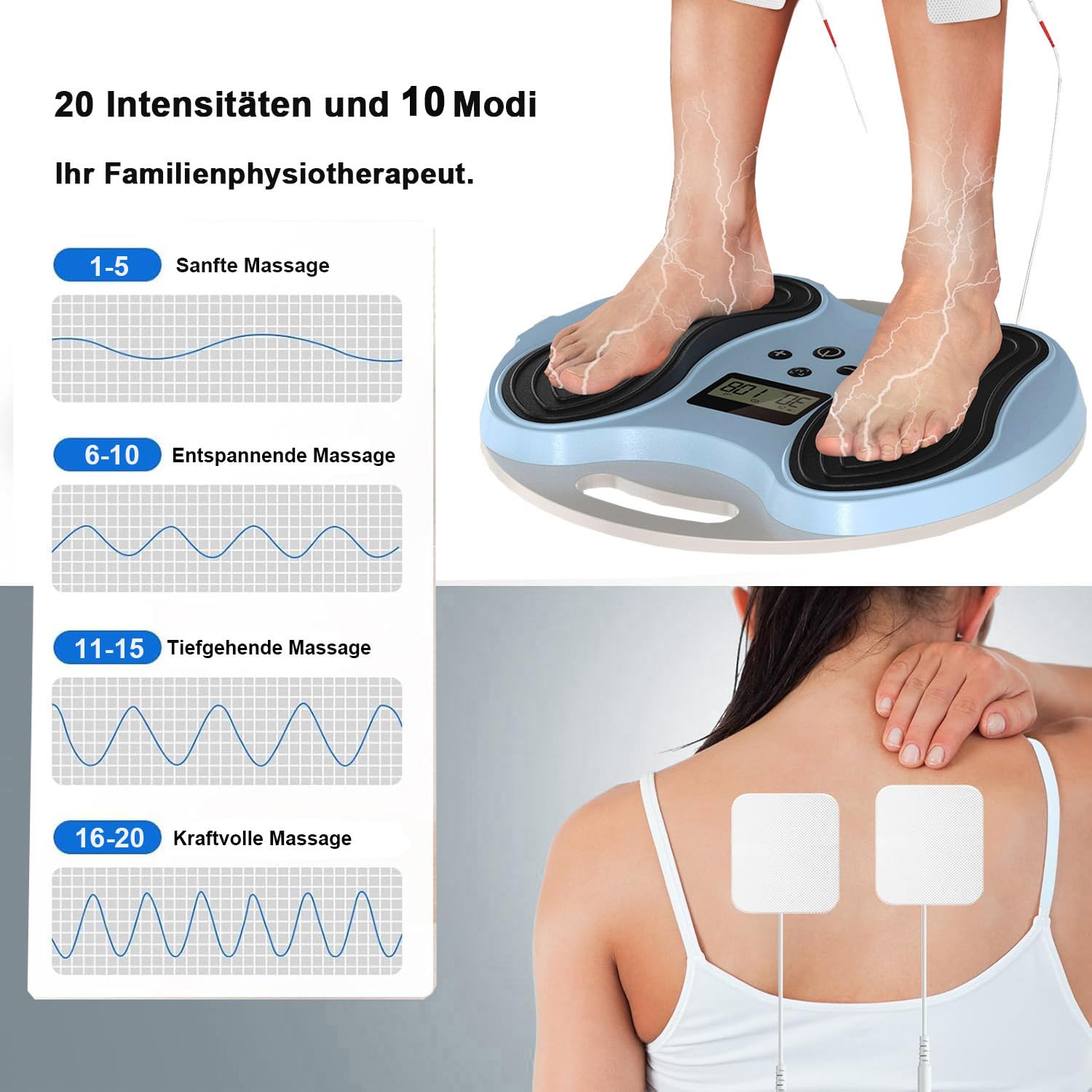 Medic Durchblutungs-Stimulator für Füße & Beine, EMS Fußmassagegerät mit 10 Modi & 20 Intensitätsstufen, Fussmassagegerät mit 4 Elektrodenpads, Lindert Schmerzen und fördert die Durchblutung.