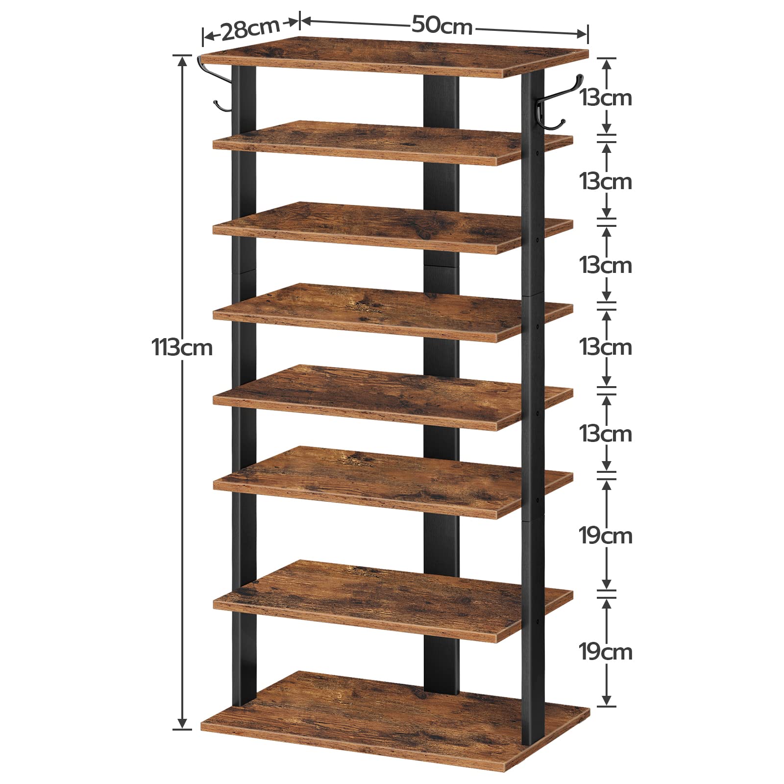 HOOBRO 8-lagiges Schuhregal, schmales Schuhablage, 50 cm Schuhschrank mit 2 Haken, Ablagegestelle, platzsparend, Stabil, für Eingang, Wohnzimmer, Schlafzimmer EBF750XJ01
