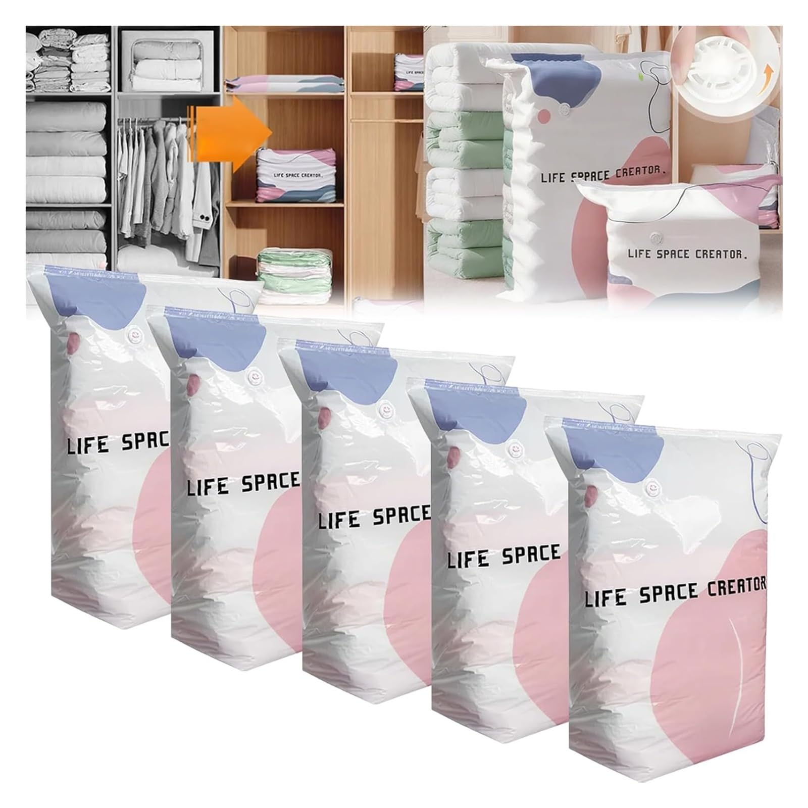 Pump-Free Vacuum Storage Bags, 2026 New Cube Space-Saving Compression Bags, Upgraded Large 3D Pump-Free Vacuum Storage Bags for Clothing, Duvets & Blankets(5PCS,(80 * 100 * 38CM))