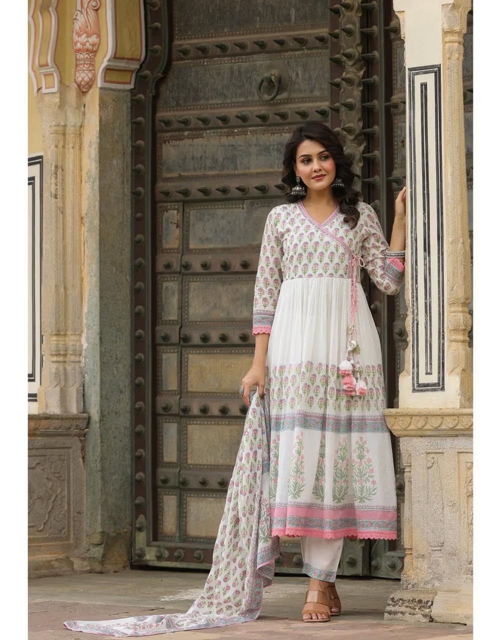 RangMahal indyjskie damskie spodnie z czystej bawełny haftowane Anarkali Kurta Tussle Dupatta zestaw