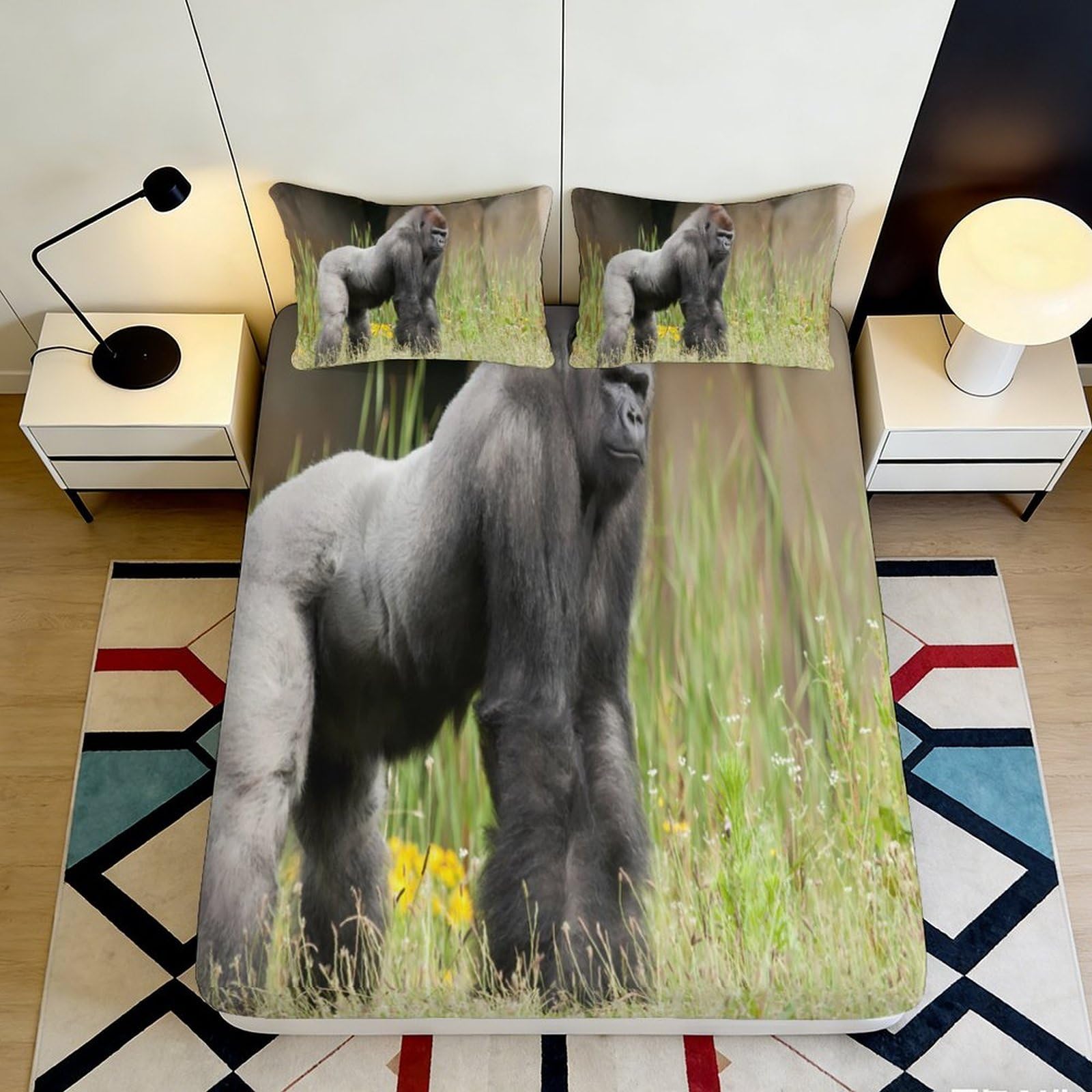 3D Printed Gorilla Wildlife Fitted Sheet Microfiber Soft Anti-Slip Jungle Nature Mattress Cover Bedroom Decor 180x200x25cm