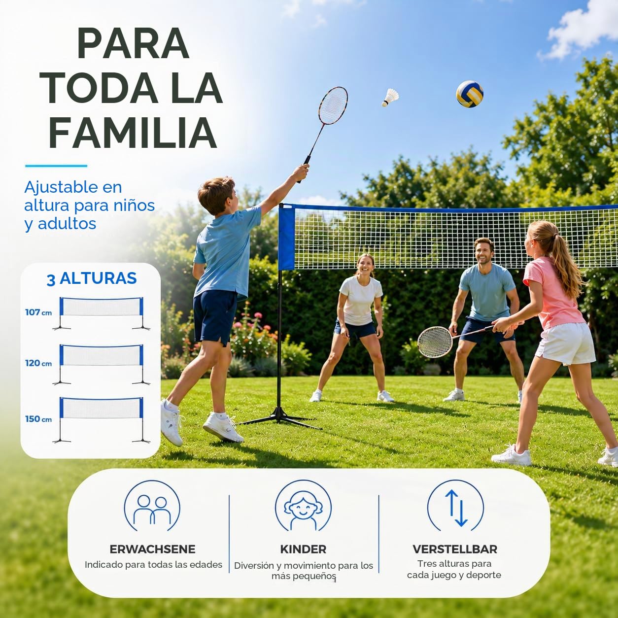 Red de bádminton de 3,1 m – Altura ajustable 107/105/150 cm y bolsa de transporte, red de nailon plegable, fácil de montar y desmontar, red deportiva ideal para tenis, fútbol, voleibol o voleibol de