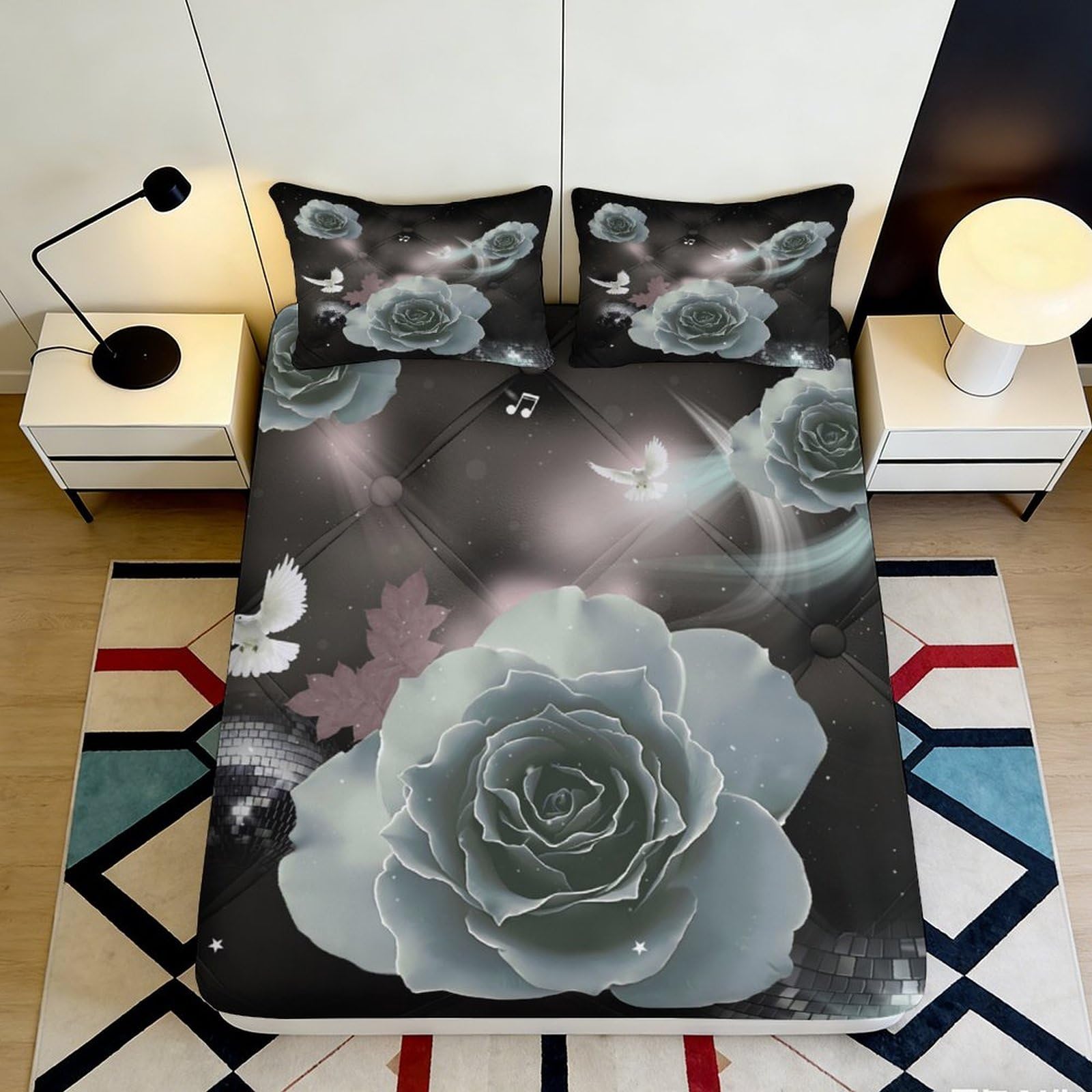 Uynsixtme Style-7 3D Printed Rose Floral Fitted Sheet Microfiber Deep Pocket Bedding With Romantic Rose Mattress Fitted Cover Non-Slip All Wrap 90X200x25cm