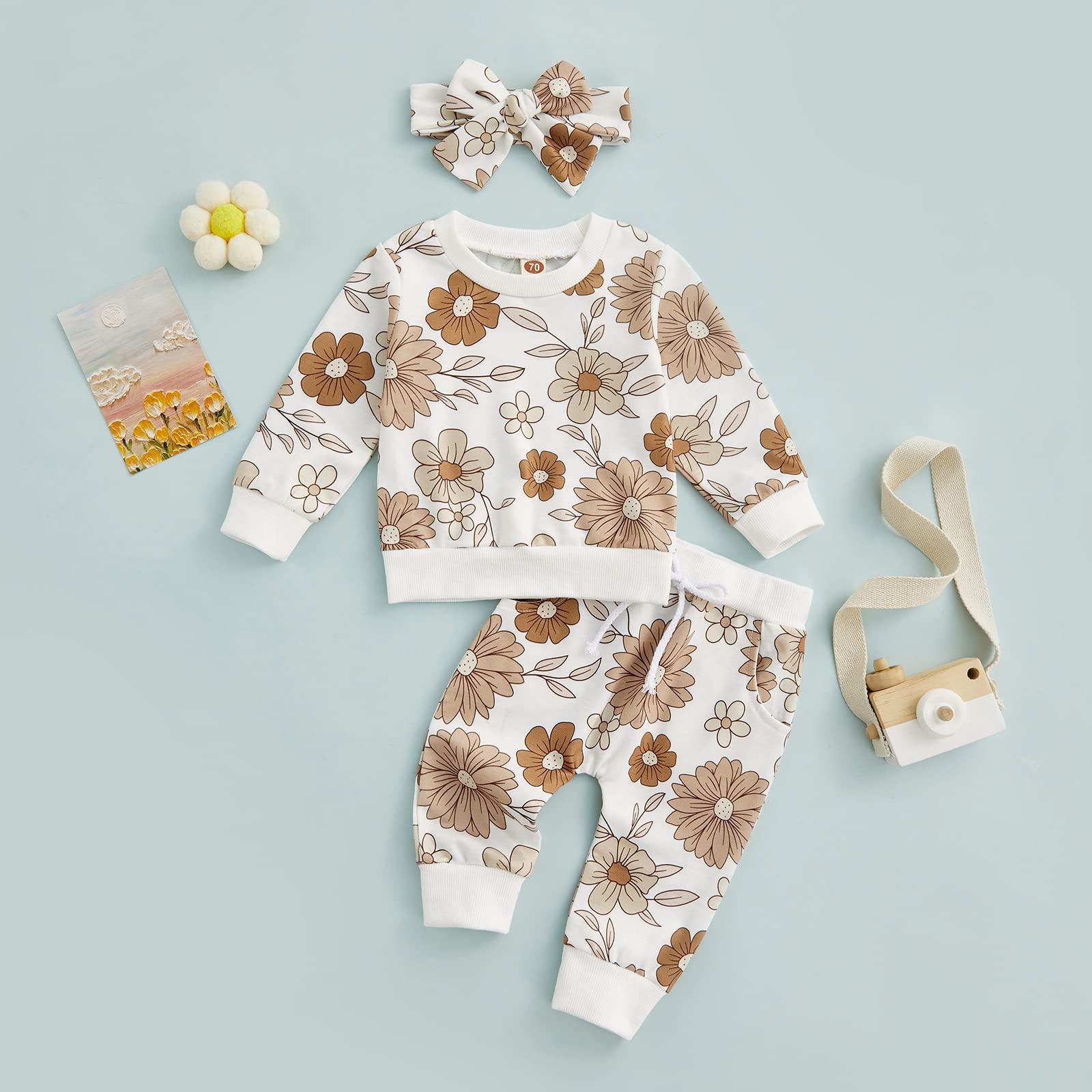 Conjunto de 3 piezas para bebé niña, sudadera con margaritas + pantalones + diadema, ropa de otoño e invierno