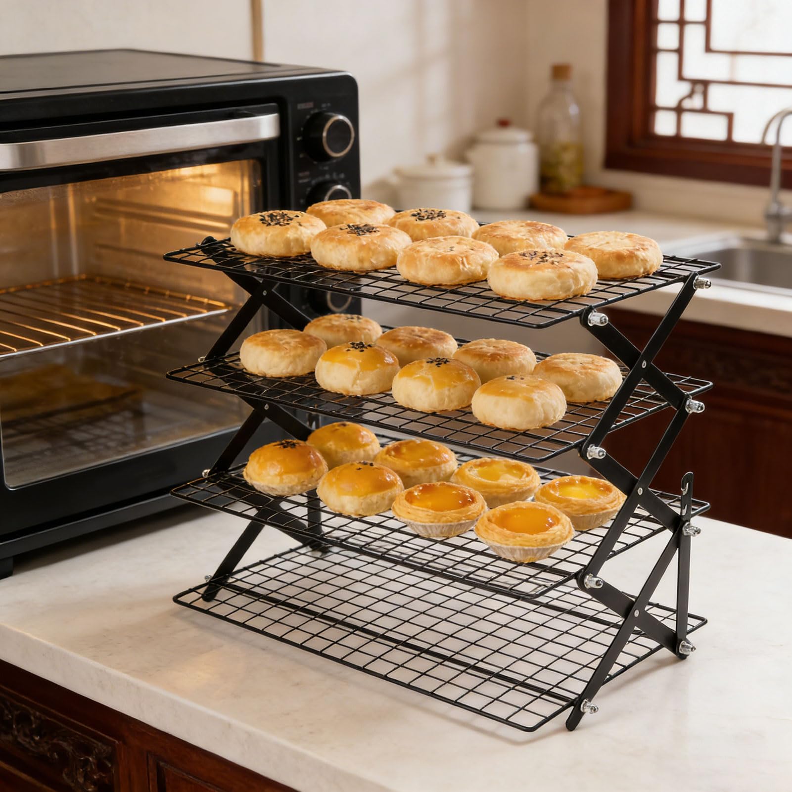 Fdit Rejilla de Enfriamiento Plegable de 4 Niveles, Rejilla para Hornear de Alambre de Hierro para Galletas, Pasteles, Pan, Diseño Expandible que Ahorra Espacio para Almacenamiento