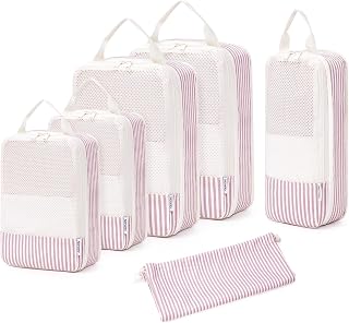 Narwey 6 Set Striped Compression Packing Cubes for Travel Kids Women, Durable Packing Organizers Bag for Carry on Luggage Suitcase Duffle Bags Backpack (Dusty Pink Stripe)