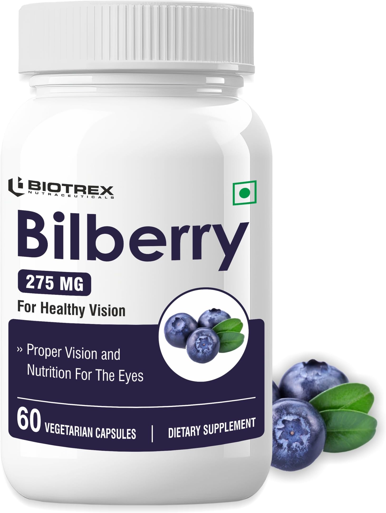 Biotrex Bilberry Extract - 275mg (60 Capsules), Dietary Supplement for Eye health