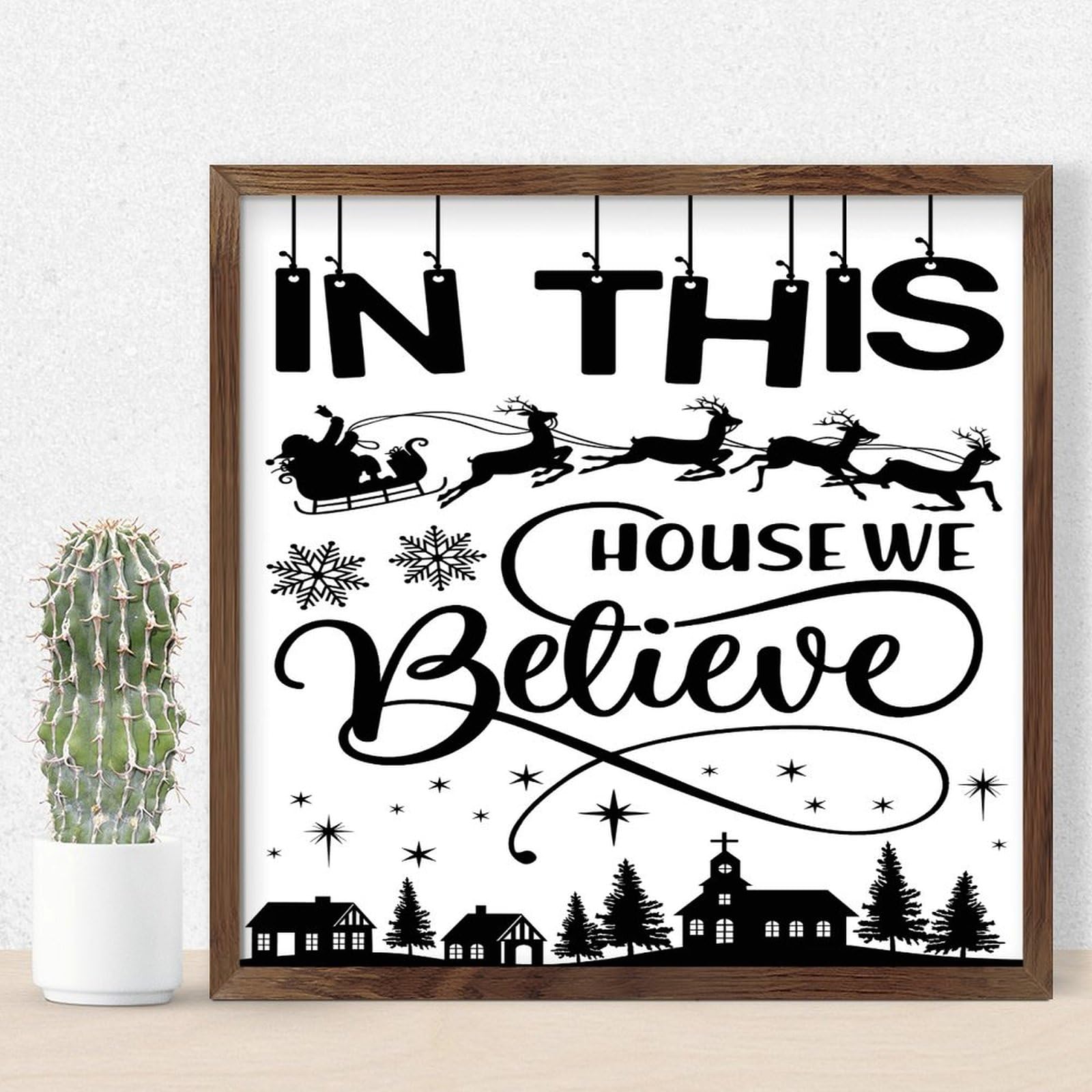 Panneau en bois rustique In This House We Believe déco de cheminée 30x30 cm