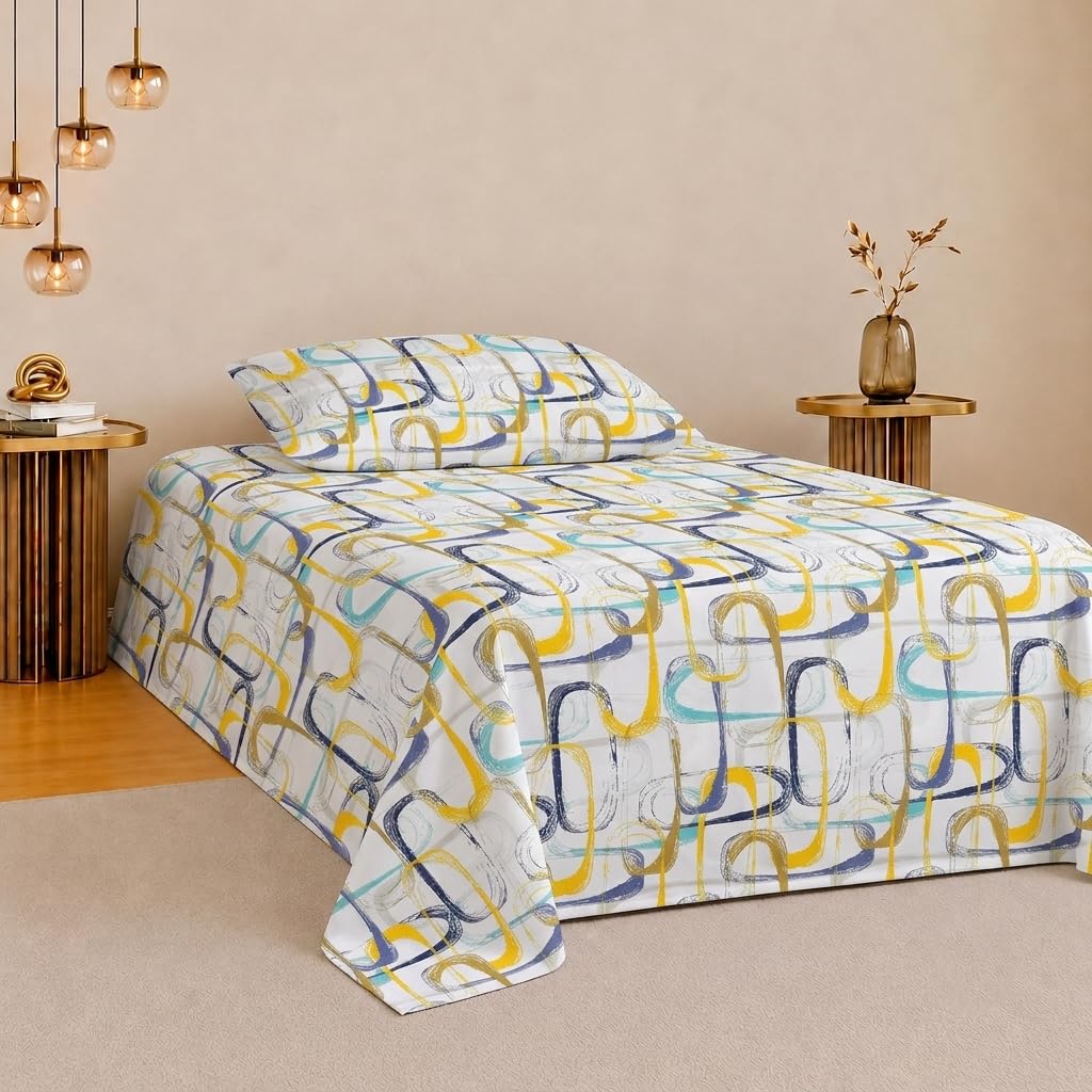 Home Stylish 280 TC Floral Print Ezyption Cotton 1 Single Bedsheet with 1 Pillow Cover Yellow White