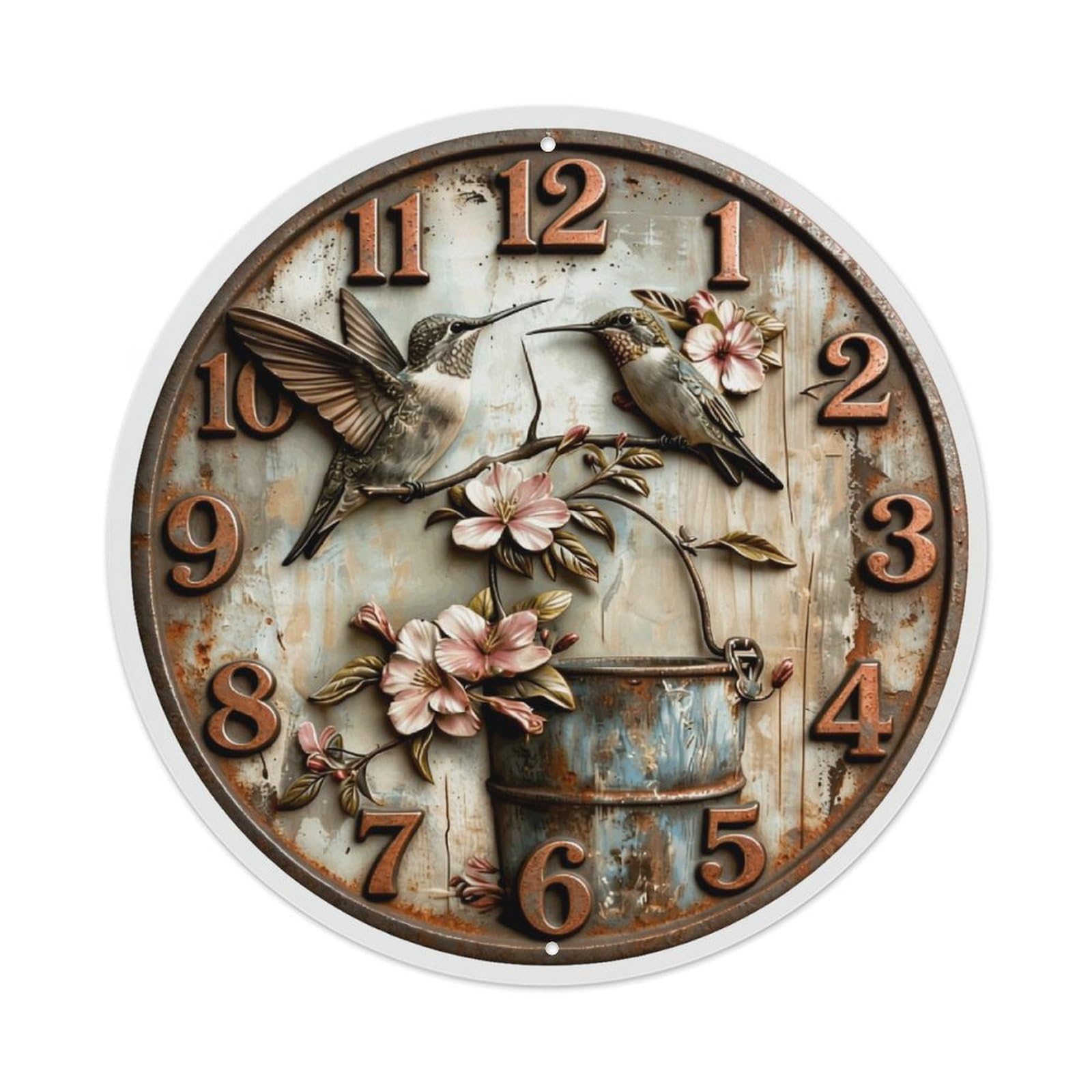 Birds Flowers Bucket Rustic Clock Tin Sign Metal Poster Vintage Metal Signs for Home Man Cave Bar Cafe Kitchen laundry room Wall Decorations Gift 8x8Inch