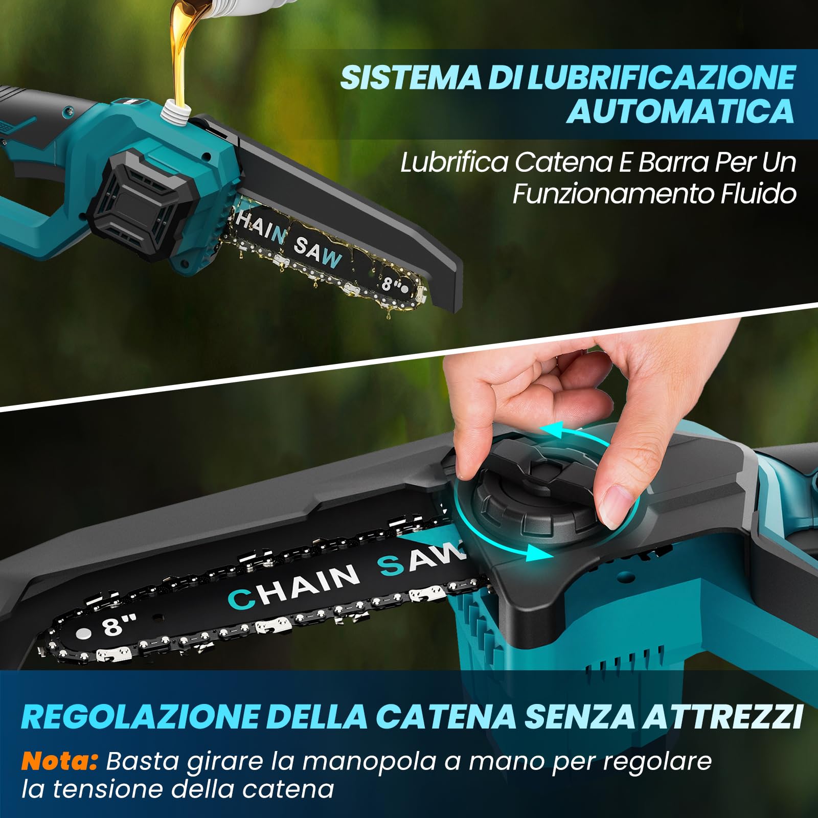 Anbull 2 in 1 8 Pollici Motosega a Batteria con Asta Telescopica | Motosega Telescopica 1200w Senza Spazzole con 2x4000mAh Batterie, Portata Massima 4,8 m, Ideale per Potatura e Taglio Ram