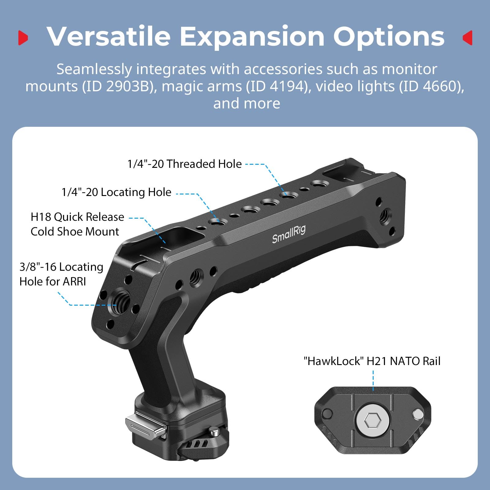 SMALLRIG HawkLock H21 Poignée Supérieure à Dégagement Rapide, Bidirectionnelle et Compatible avec NATO QR-Slide pour Arri (vis 1/4"-20), Conception Ergonomique, Charge Max15 kg - 5632