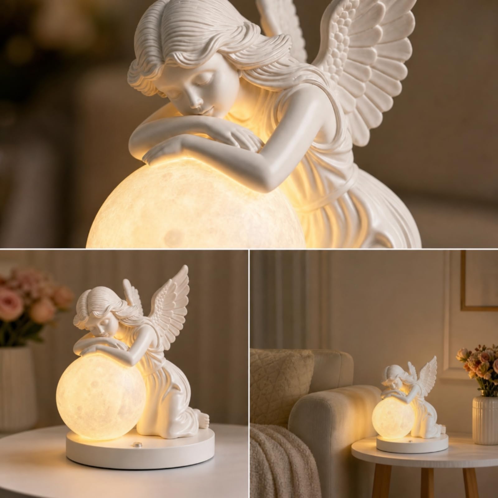 Colcolo Lampada da Comodino Notturna Angelo Luce Notturna Lampada da Tavolo Luce d'Atmosfera in Resina con Finitura Bianca E Globo Sferico Caldo Adatta per