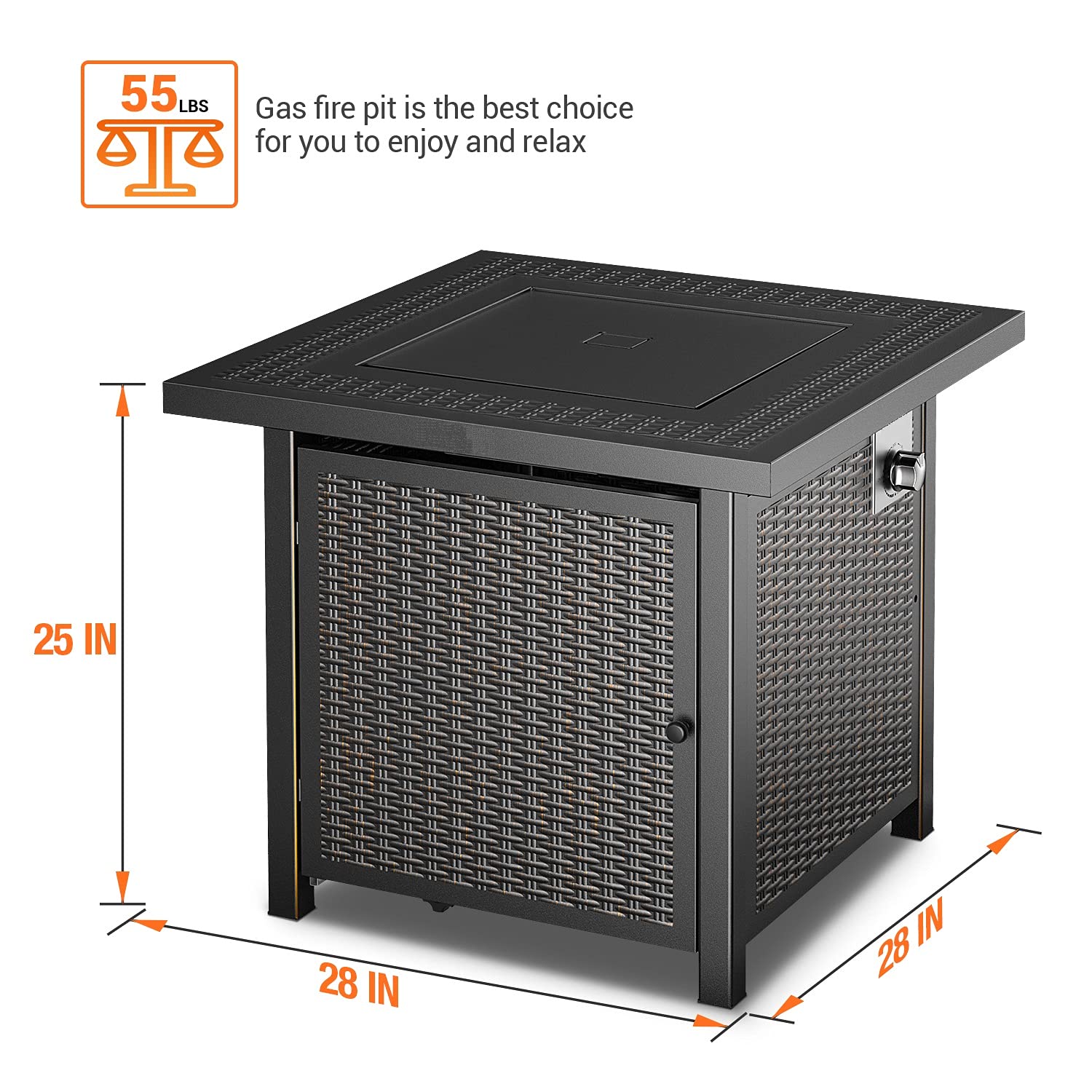 28" Propane Fire Pit Table, Black Outdoor Fire Table, Square Rattan