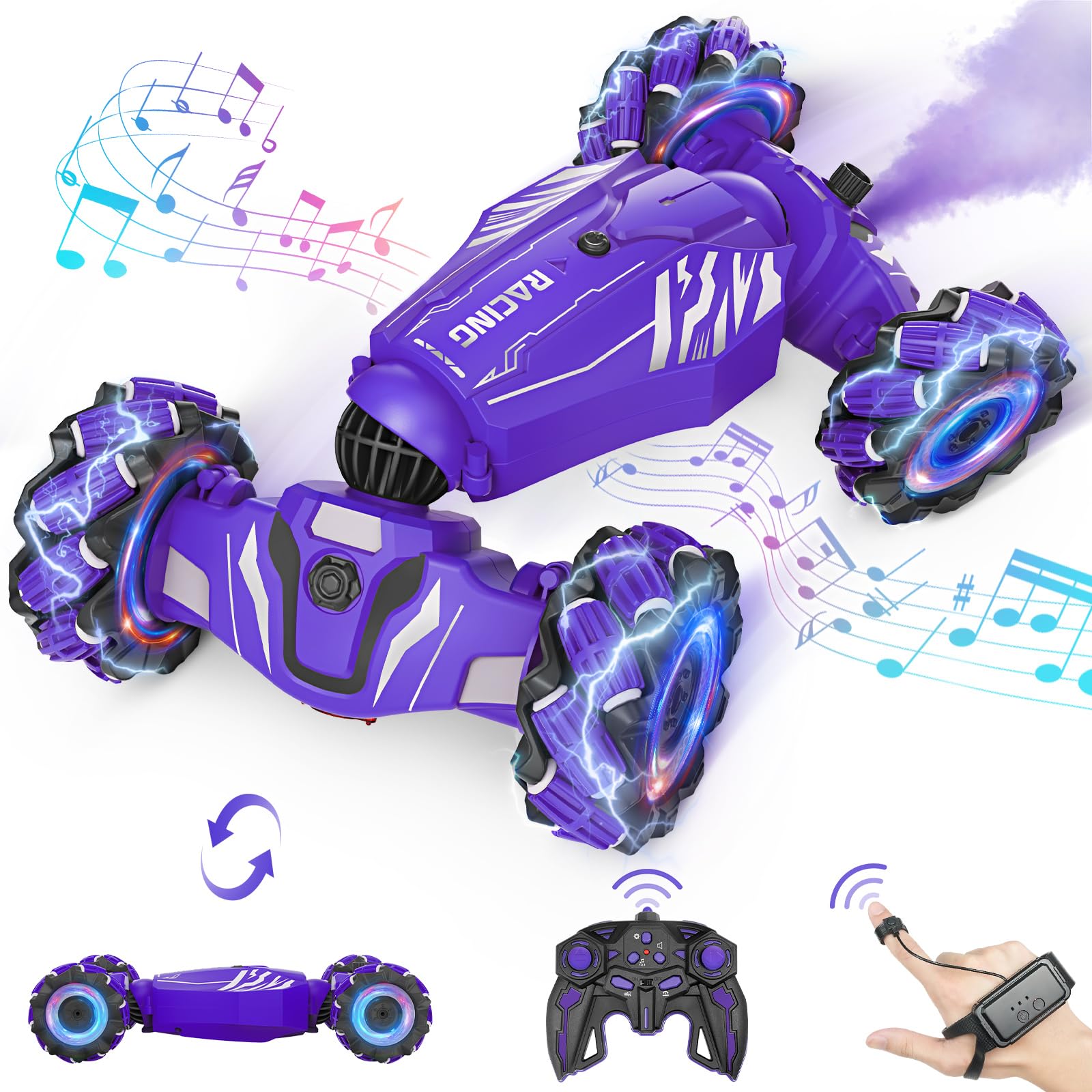 Dysaim Auto Telecomandata 4WD Per Bambini – Controllo Gestuale E Remoto, 360° Stunt, Luci, Musica, Spray, Per 6-12 Anni, Blu