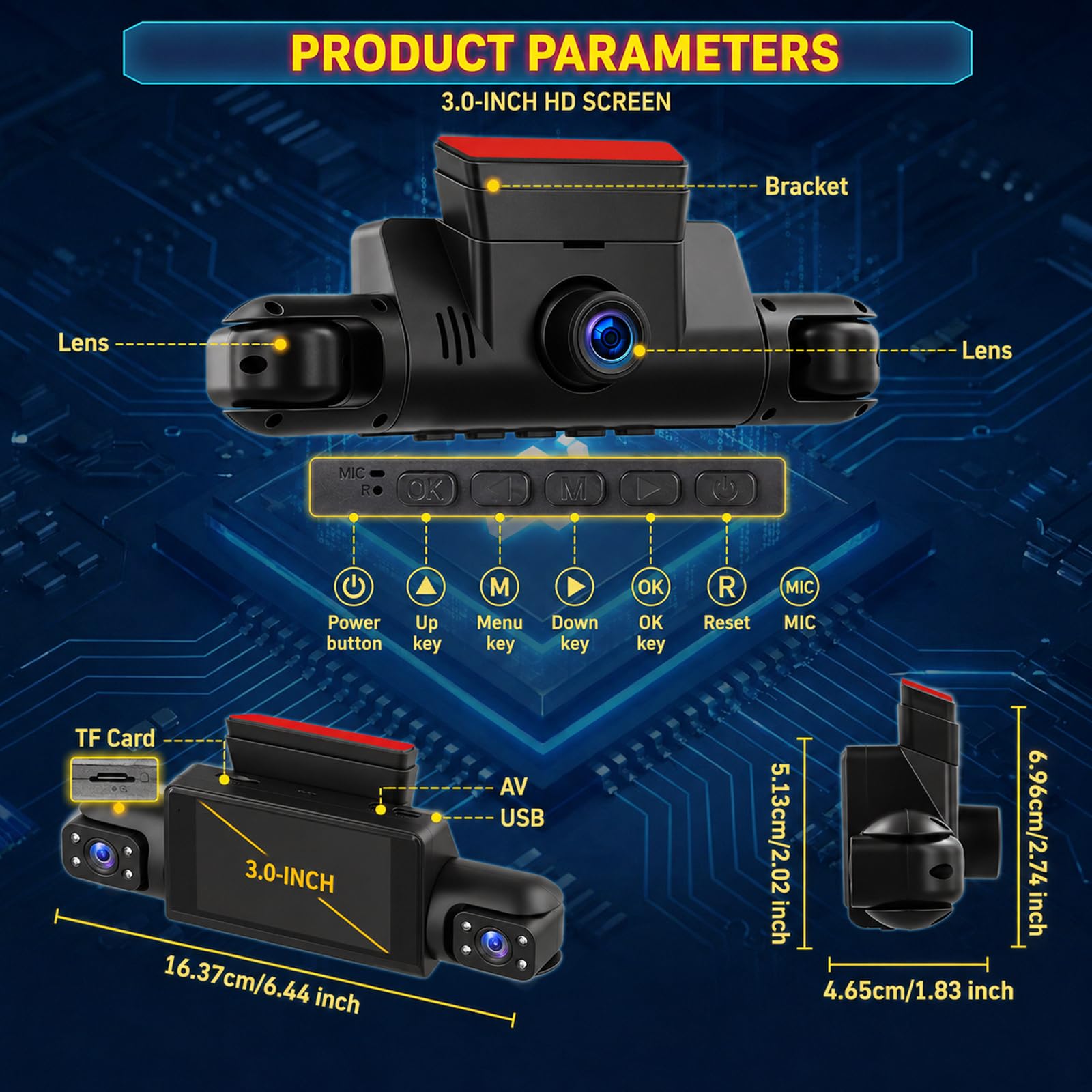 Rimoody 4 Canali 360° Dashcam Auto, 4 Telecamera HD 1080P Anteriore e Posteriore Sinistra Destra, 3 Pollici Schermo IPS Dash Cam con Visione Notturna 8 IR/Loop Video/24H Parcheggio Monitor