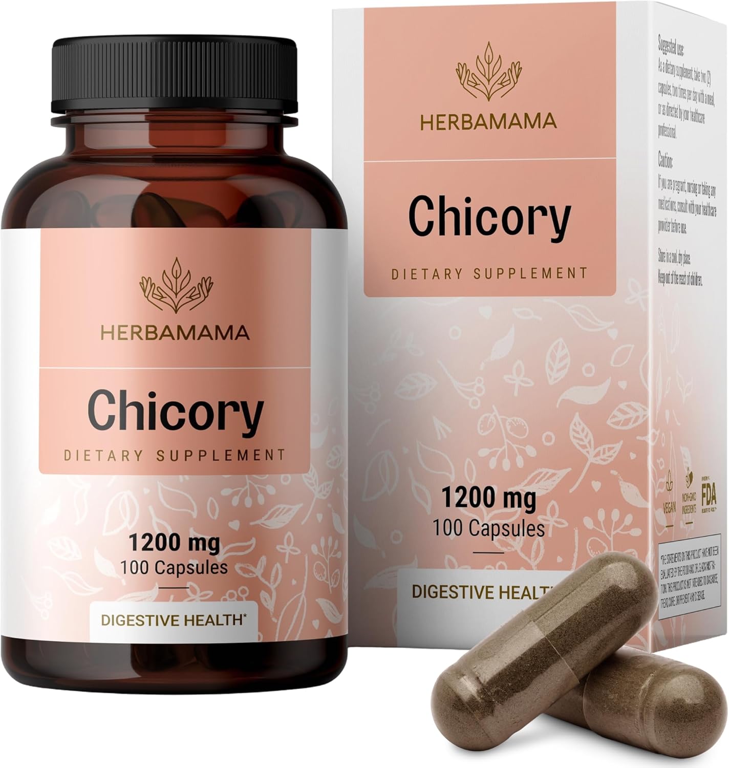 HERBAMAMA Chicory Root Fiber Capsules - 1200mg Chicory Root Powder for Gut Cleanse & Digestive Support - Vegan, Non-GMO Inulin Prebiotic Fiber Supplement
