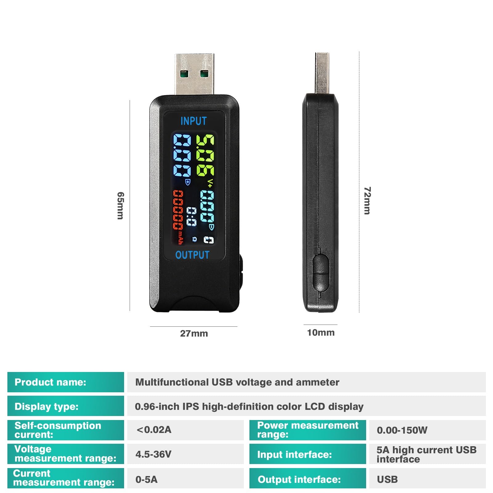 Jadeshay Tester USB,4.5-36V 0-5A Voltmetro Amperometro Tester Misuratore di Potenza Digitale USB Display a Colori LCD Capacità Rilevatore di Caricabatterie