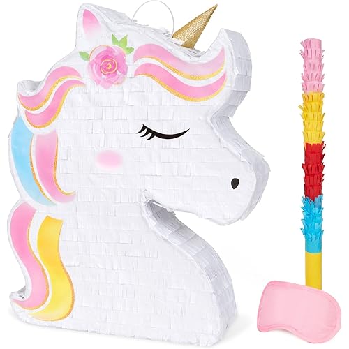 WERNNSAI Unicorn Piñata - Unicorn Party Supplies Piñata Bundle with Blindfold and Bat for Girls Kids Rainbow Unicorn Theme Birthday Party Game Decorations (15.7" x 12.2" x 3.1")