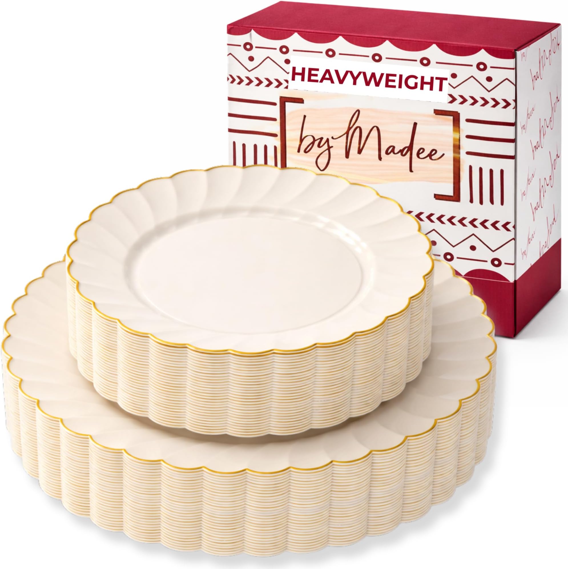 By Madee HEAVYWEIGHT Plastic Plates for Party | 60 Pc Ivory Scalloped Plates with Gold Trim | Fancy Disposable Plates for Weddings, Bridal Showers & Events | 30 Dinner & 30 Dessert