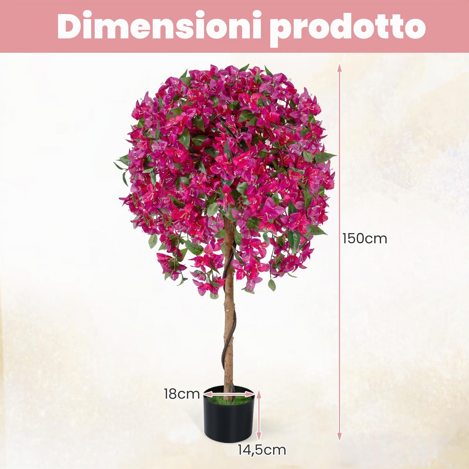 LIFEZEAL Set di 2 alberi artificiali bouganville 130 cm, pianta finta in vaso con fiori vivi, fogliame realistico, rami regolabili, base cemento stabile, decorazione per interni ed esterni, balcone