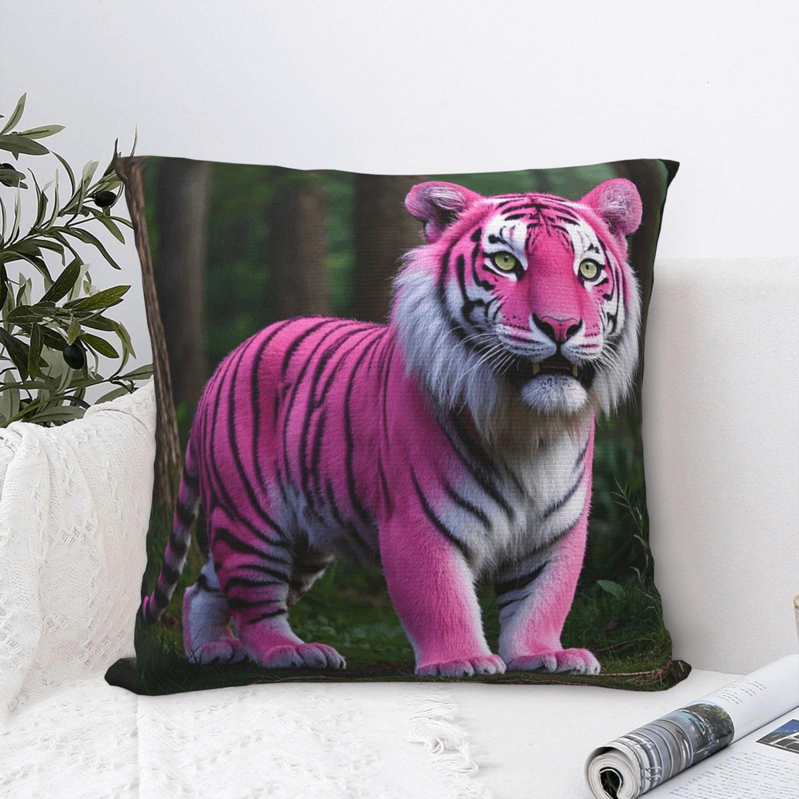 FodPand Luxury Velvet Throw Pillow Covers 18"x18" Super Soft Decorative Pillow Cases - Pink Tiger Pillowcases Modern Lumbar Cushion Cases for Couch Sofa Bed Pillow Shams