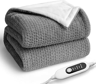 YVUYVU Heated Electric Blanket Throw: Cozy Faux Rabbit Fur & Flannel, 5 Fast Heat Levels, 10HR Auto-Off, 50x60 Grey