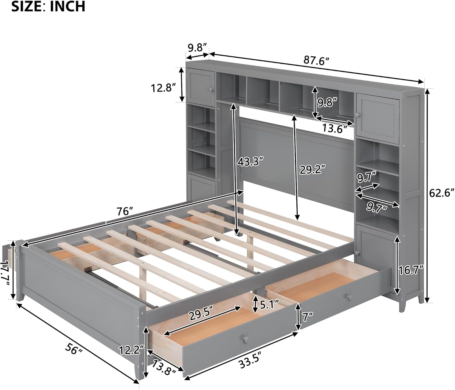 Harper & Bright Designs Full Storage Bed with Bookcase Headboard, Full Size Platform Bed with 4 Storage Drawers, Solid Wood Full Bed Frame with Cabinet and Shelf, No Box Spring Needed (Gray)