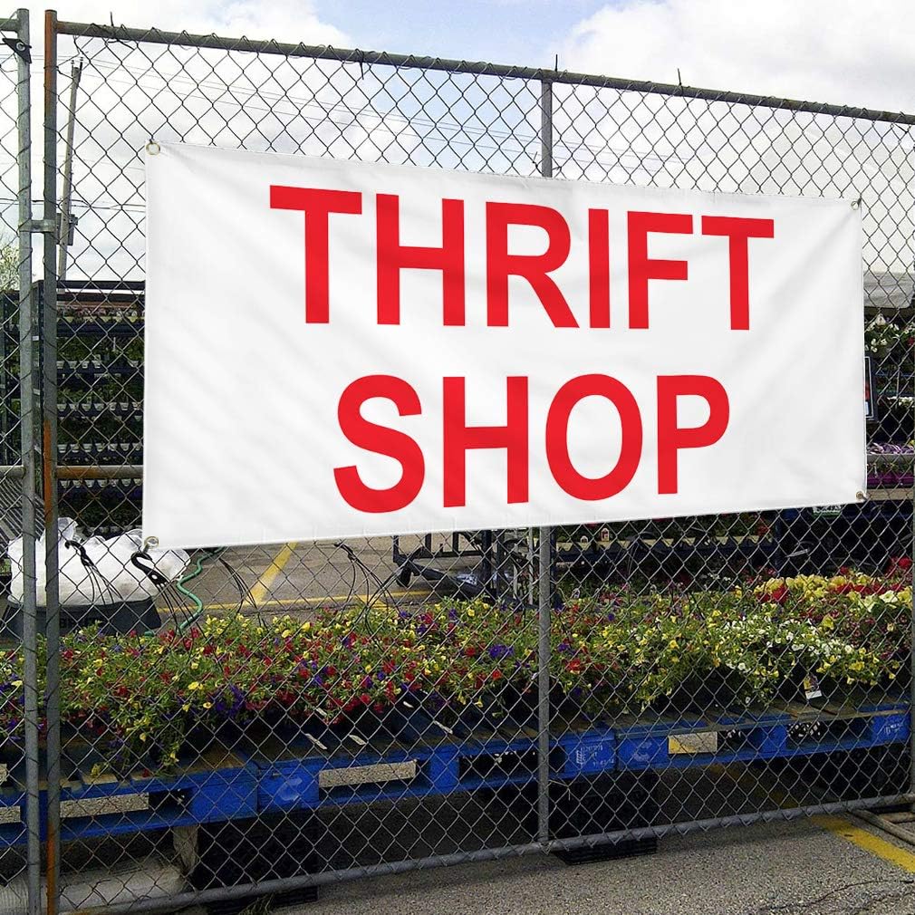 Vinyl Banner Multiple Sizes Thrift Shop Red A Business Outdoor Weatherproof Industrial Yard Signs 4 Grommets 16x40Inches