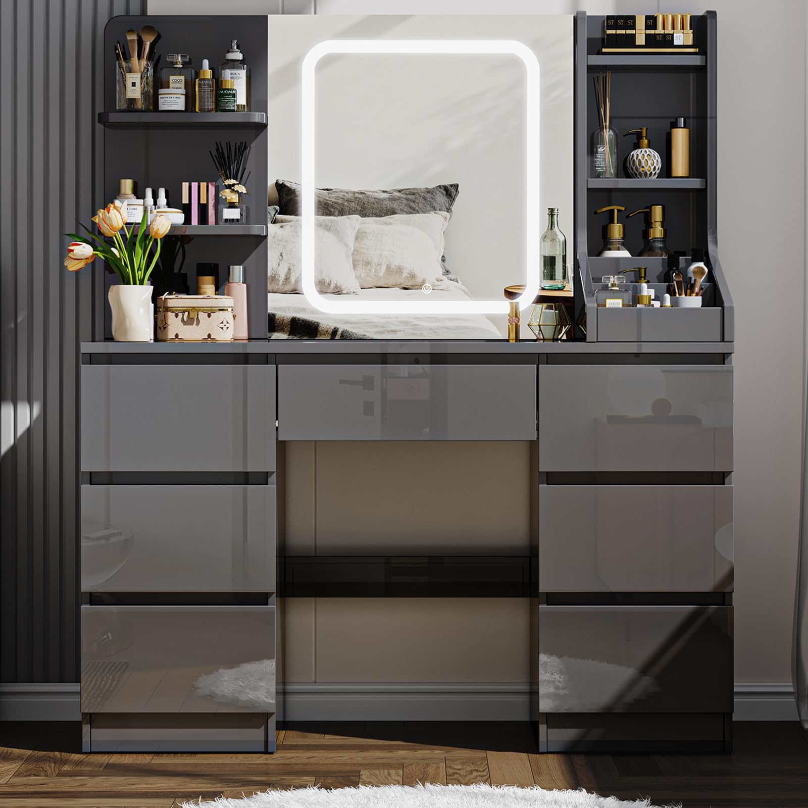 TRIUMPHKEY Dressing Table, Vanity Desk with LED Mirror, Adjustable Brightness, Modern Vanity Table with 7 Drawers, 4 Shelves and 3 Open Compartments for Bedroom, 108x40x139cm (High Gloss Grey)