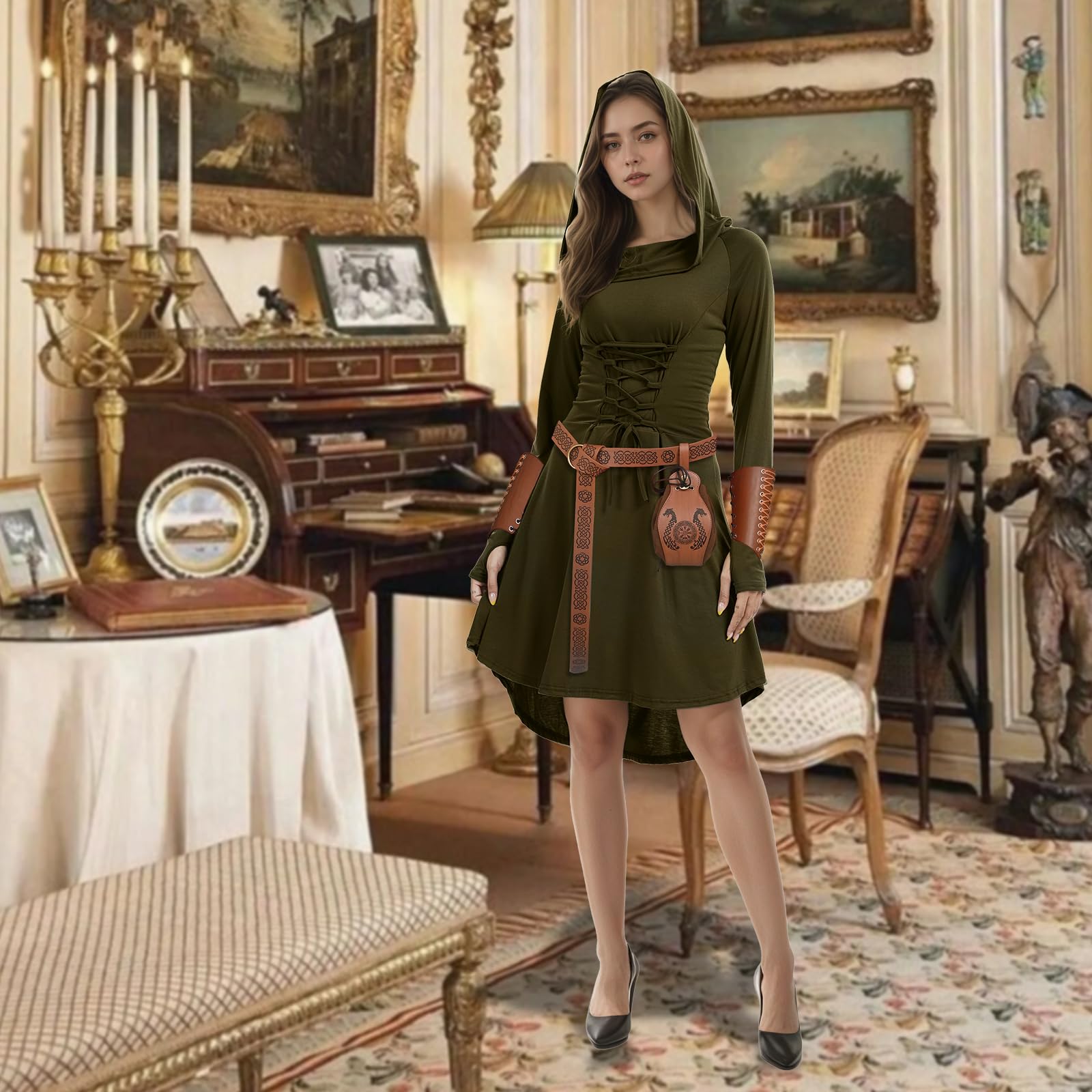 4 Stück Renaissance kostüm für Damen, Gothic Mittelalter Kleidung, Kapuzenkleid mitKorsett für Halloween Partys