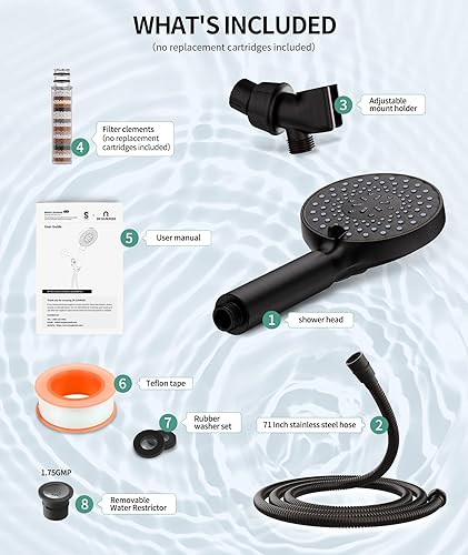 Miniatura 9 de SR SUN RISE Cabezal de ducha filtrado con alta presión de mano 9 modos de pulverización, cabezal de ducha desmontable, filtros de suavizador de