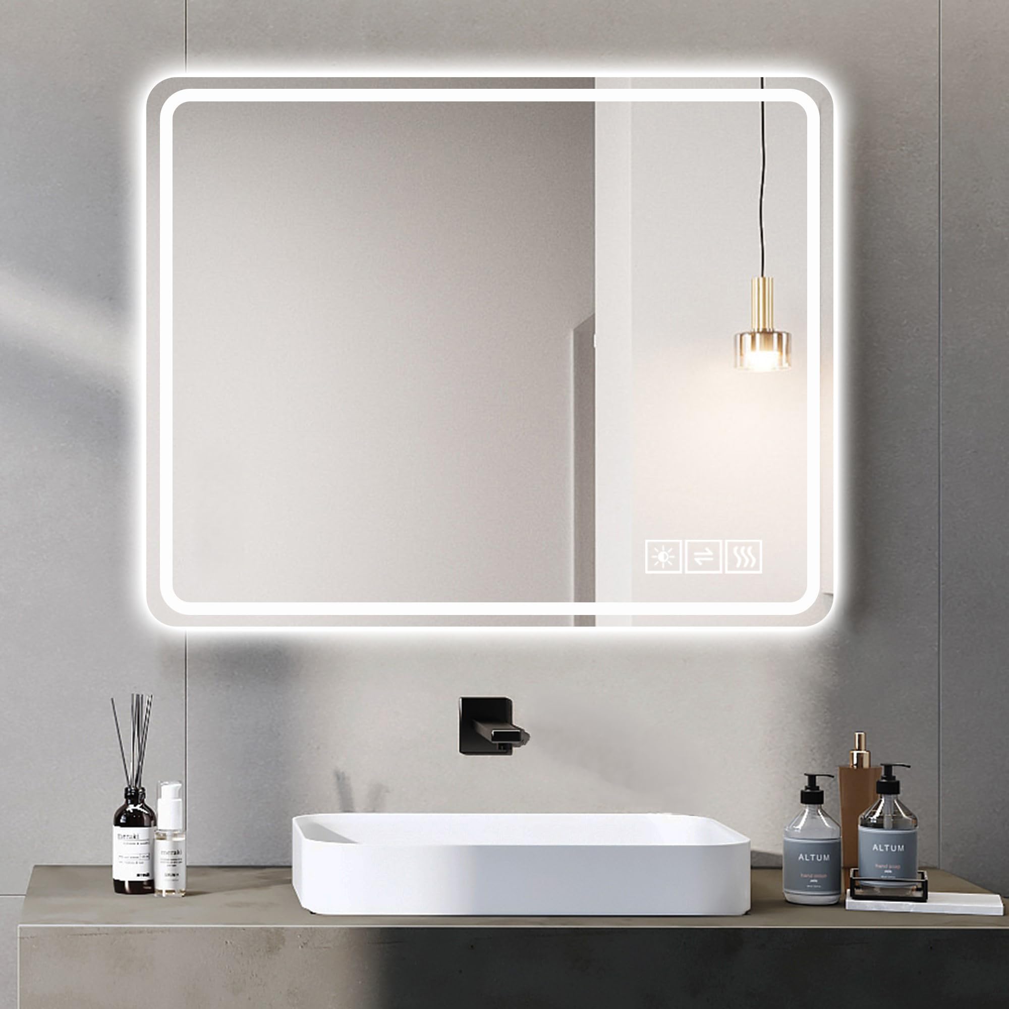40x32 Inch LED Bathroom Mirror Vanity Mirrors with Front Lights Wall Mounted Anti Fog Frameless Make Up Mirror with Light 5 mm Copper Free Silver Mirror Horizontal or Vertical