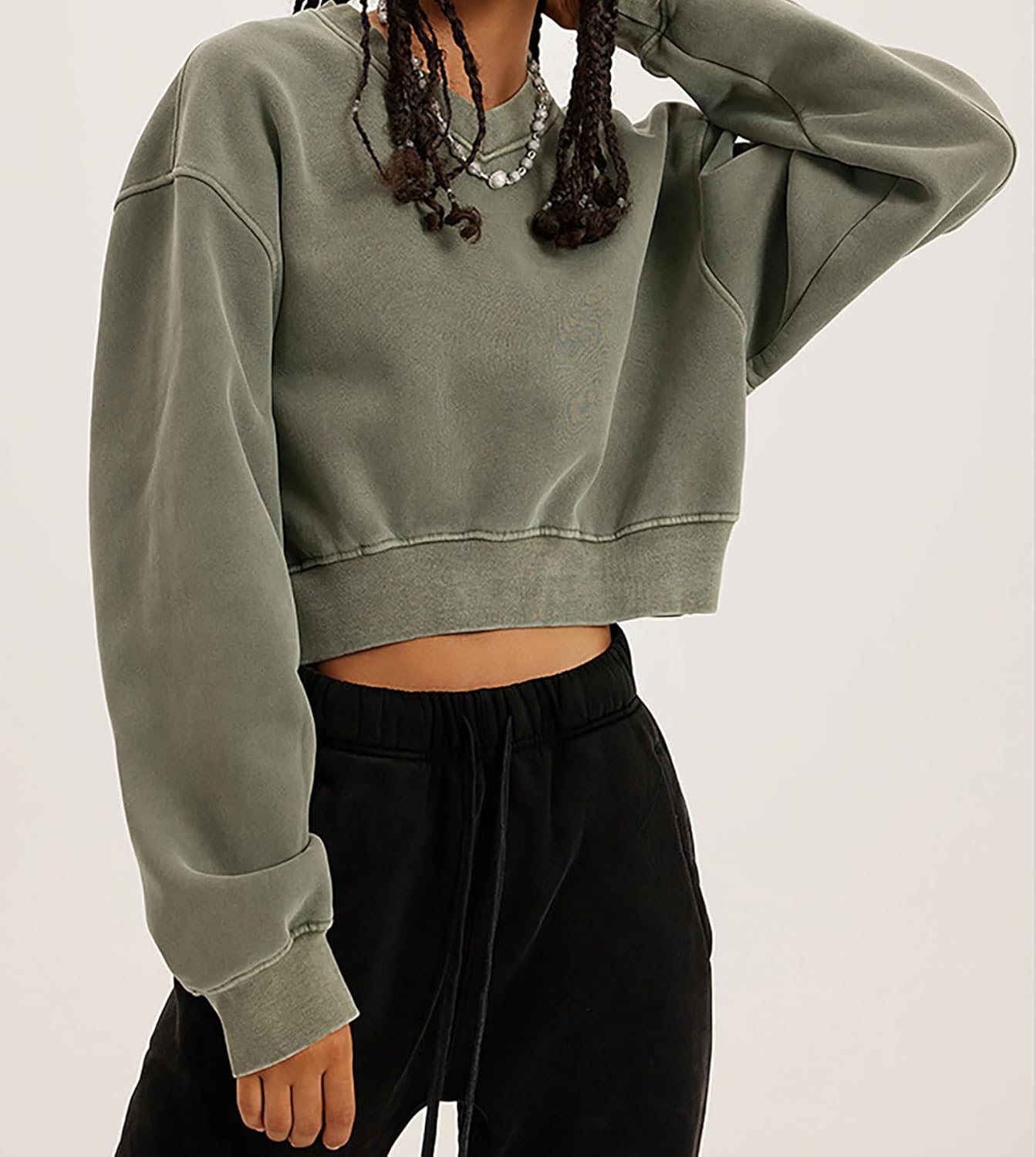 Meladyan Women Casual Cropped Sweatshirt Basic Solid Long Sleeve Fleece V Neck Loose Drop Shoulder Pullover Crop Tops Vintage - Image 6