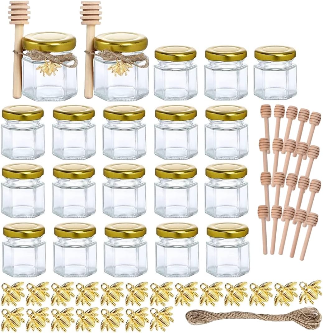 Mini Glass Honey jars-1.5 oz, 20 pcs Hexagon Honey Jars with Wooden Dipper, Gold Lid, Bee Pendant, Rope-20m Mini Honey Jars, Perfect for Wedding, Party Favors, Shower Favors, Canning