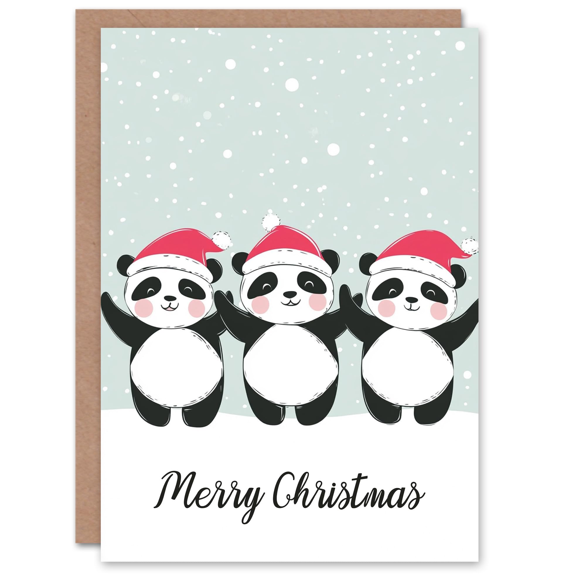 Santa Hat Dancing Panda Bear Trio Cute Cartoon Christmas Greeting Card