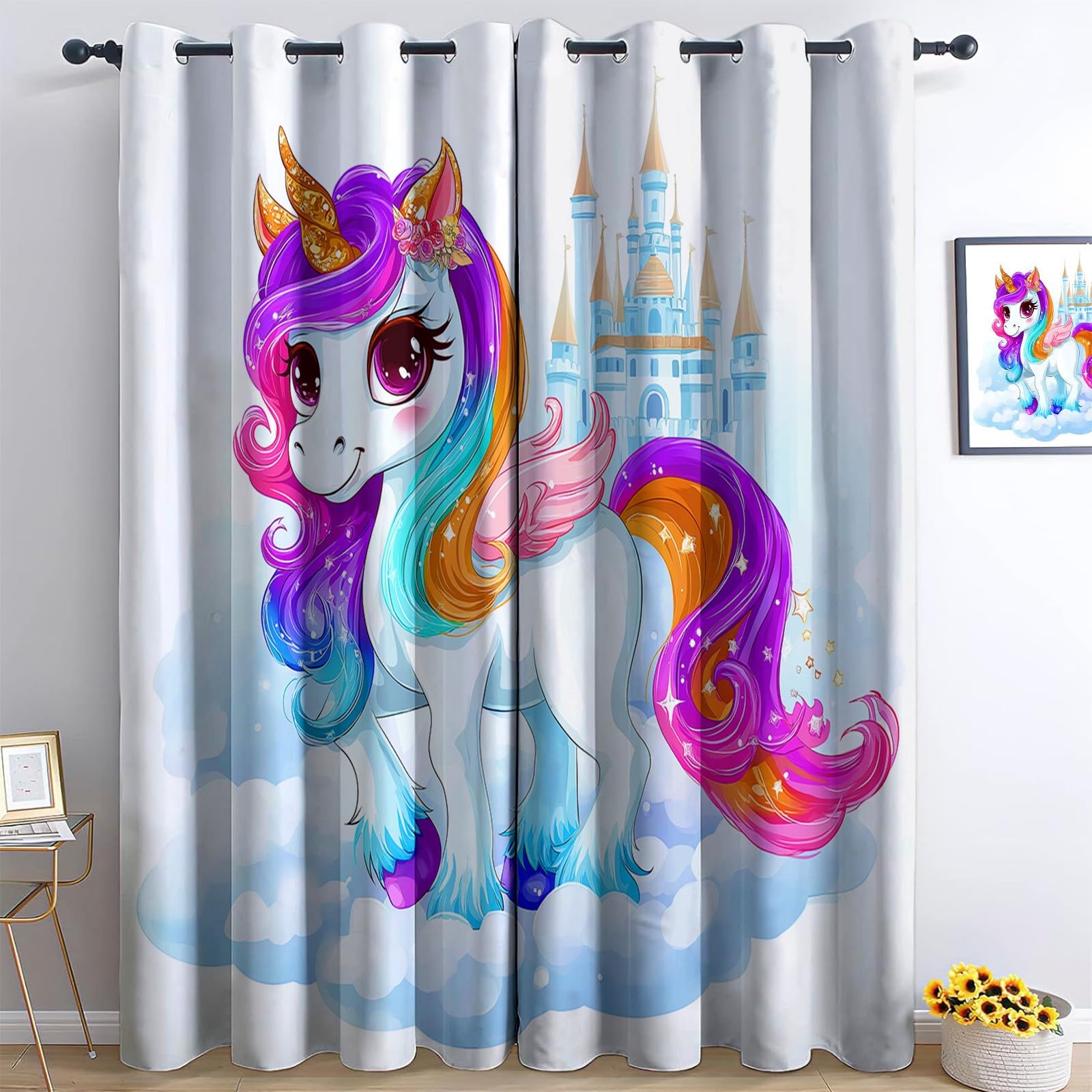 Lot De 2 Rideaux Occultant Licorne De Château De Dessin Animé Enfants Rideau à Oeillets Isolation Thermique, Blanc Salon Rideaux Occultants, pour Chambre Salon Maison Bureau L 91.5 X H 214 cm