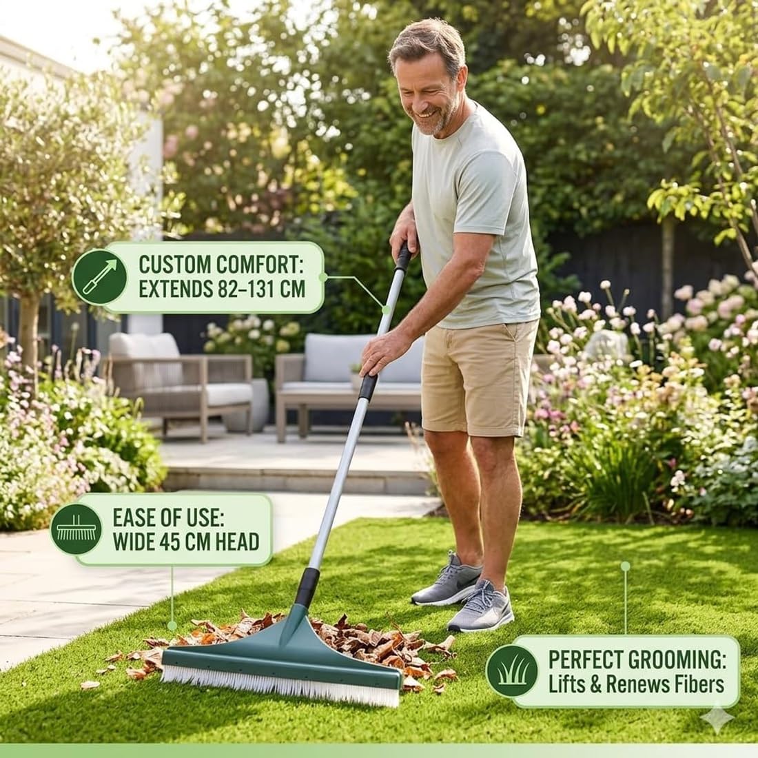 Rastrillo Multiusos for césped y alfombras, rastrillo de césped Artificial Ajustable 2 en 1 con Mango ergonómico, Cepillo de jardín Artificial for Eliminar escombros, Hojas y Pelo de Mascotas(1PC)