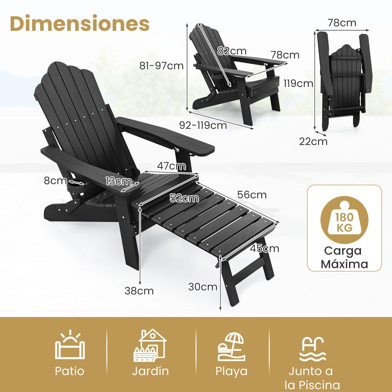 GIANTEX Silla Adirondack Plegable con Reposapiés Retráctil, Tumbona de Hips con Respaldo Ajustable y Portavasos, Carga hasta 180 kg, Silla de Relax para Jardín, Balcón, Patio (Negro)