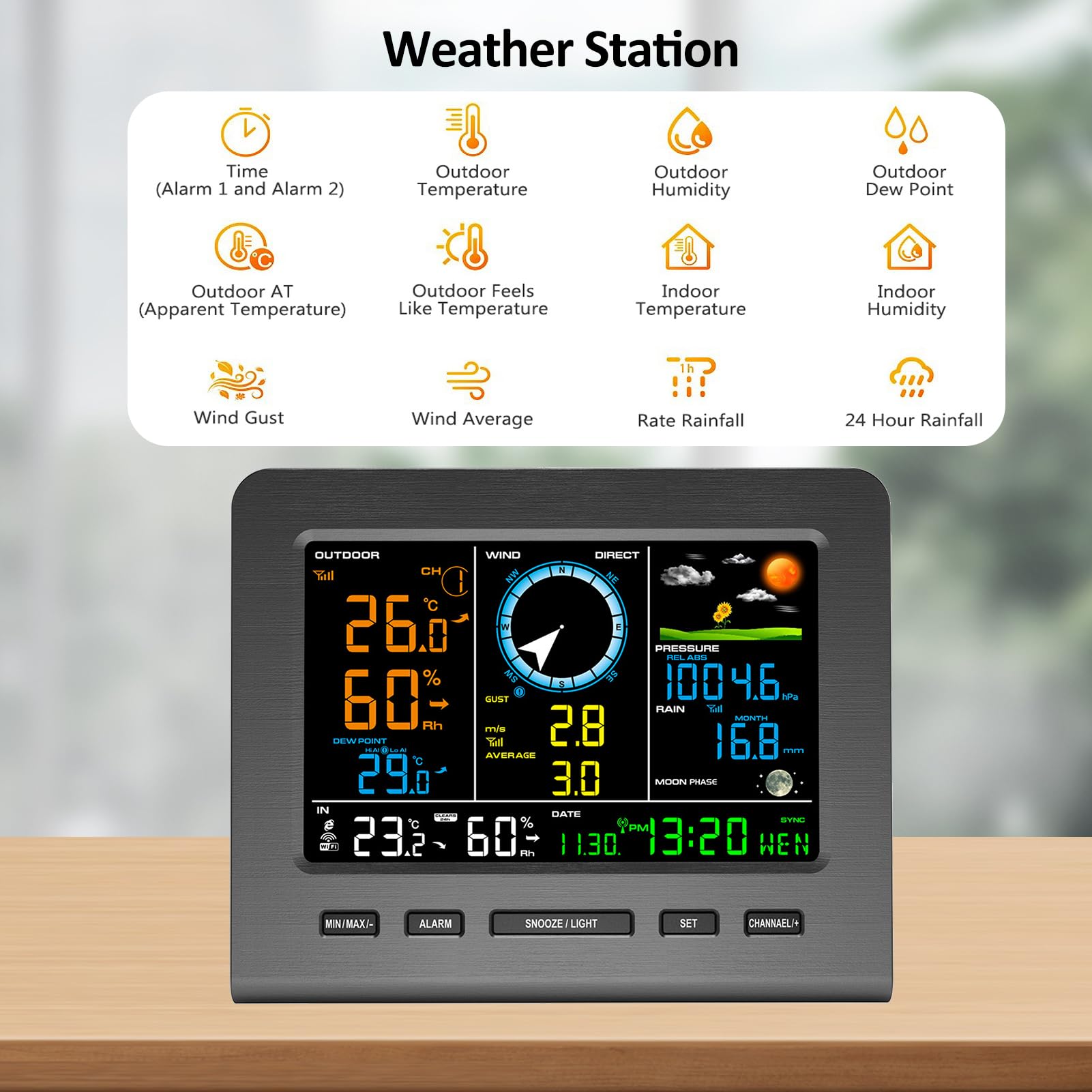 Irfora 0366-WF Funk-Wetterstation mit Außensensor, Wetterstation mit Wettervorhersage, Temperatur, Luftdruck, Luftfeucgkeit, Windmesser, Regenmesser, Mondphrase, Wecker