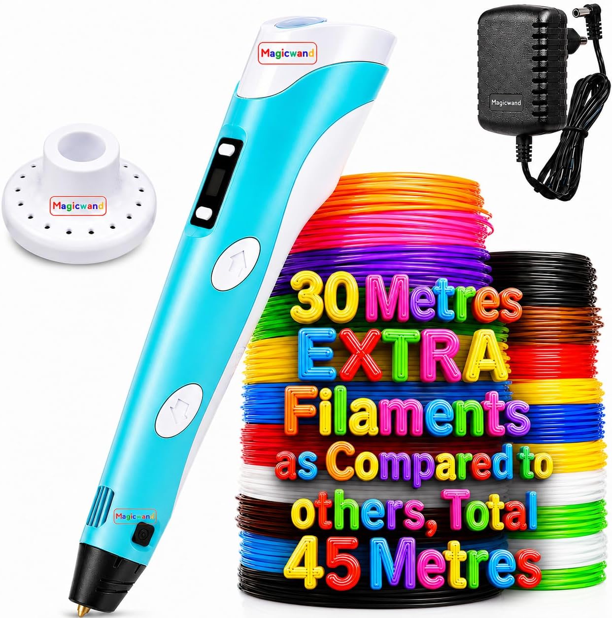Magicwandใwith Adaptorใ| !!! Very IMP !!!ใLong Press Filament Forward Button to Start 3D Penใ| 3D Printing Pen| 3D Printing Pen with LCD Displayใwith 30 Metres Extra FilamentsใใPack of 1ใ