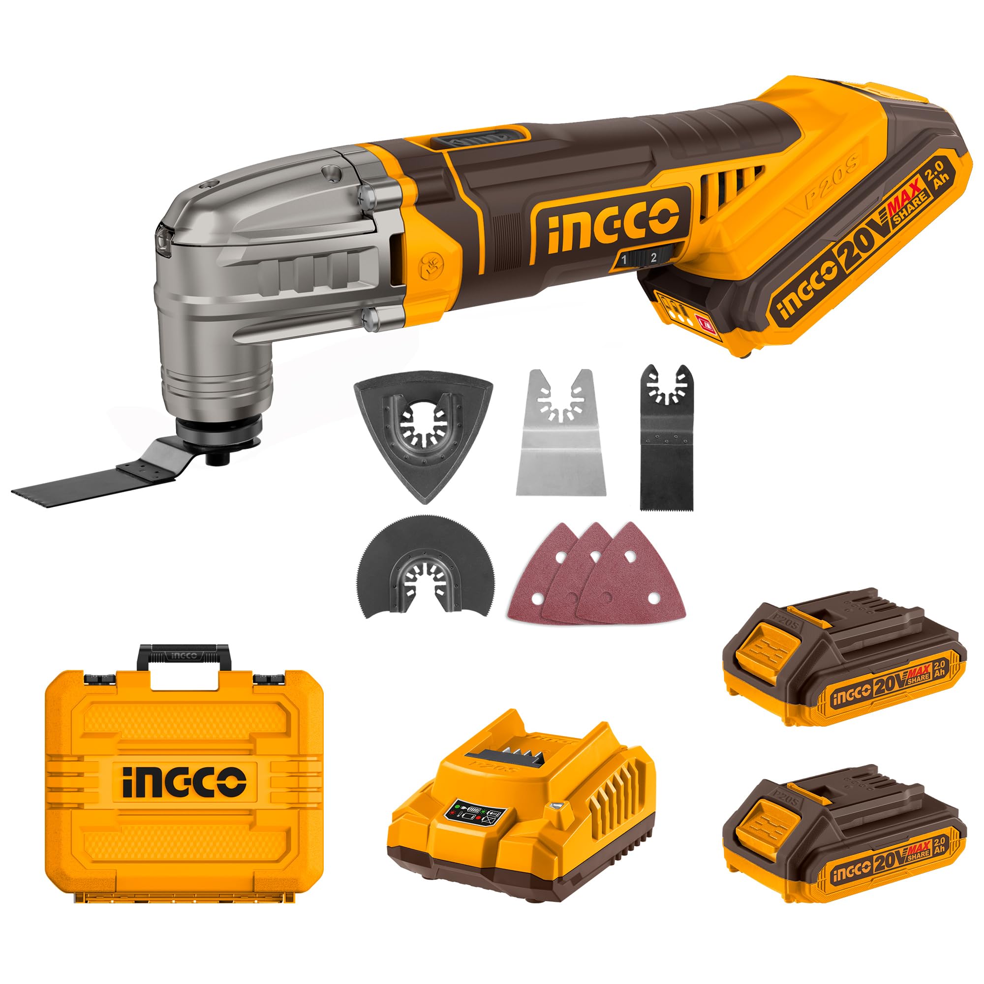 INGCO Outil Oscillant sans Fil 20V Outil Multifonction Oscillant, 6 Vitesses, 5000-20000 tr/min avec 2 Batterie 2,0 Ah et 1 Chargeur, 8 Pièces Accessoires pour Couper, Poncer, Gratter, Scier